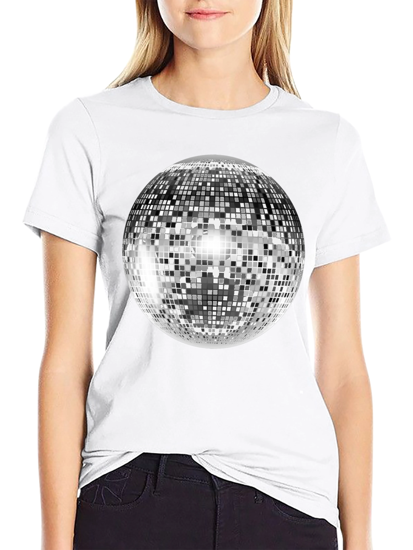 Retro Disco Ball Graphic Tee - Black Cotton Blend