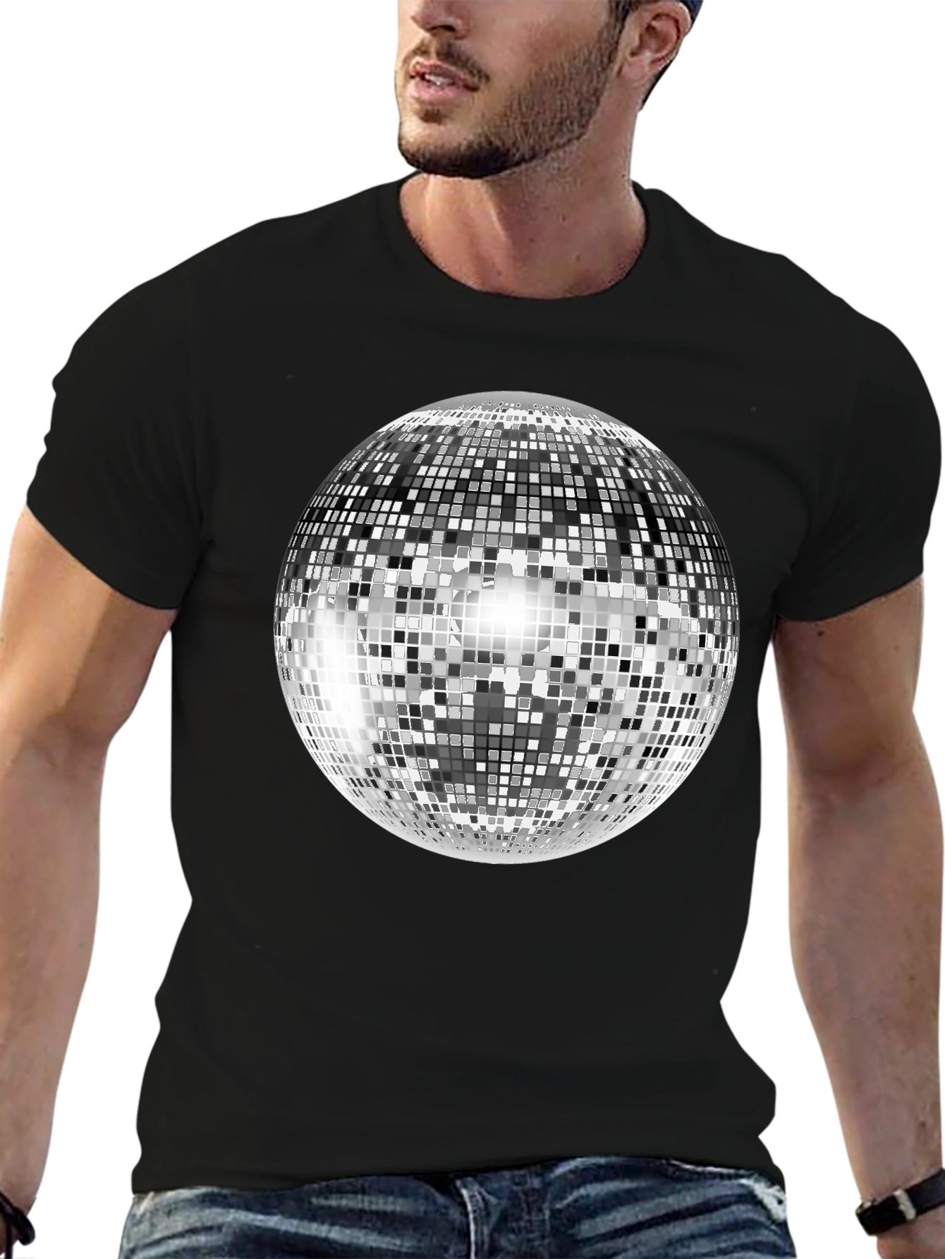 Retro Disco Ball Graphic Tee - Black Cotton Blend