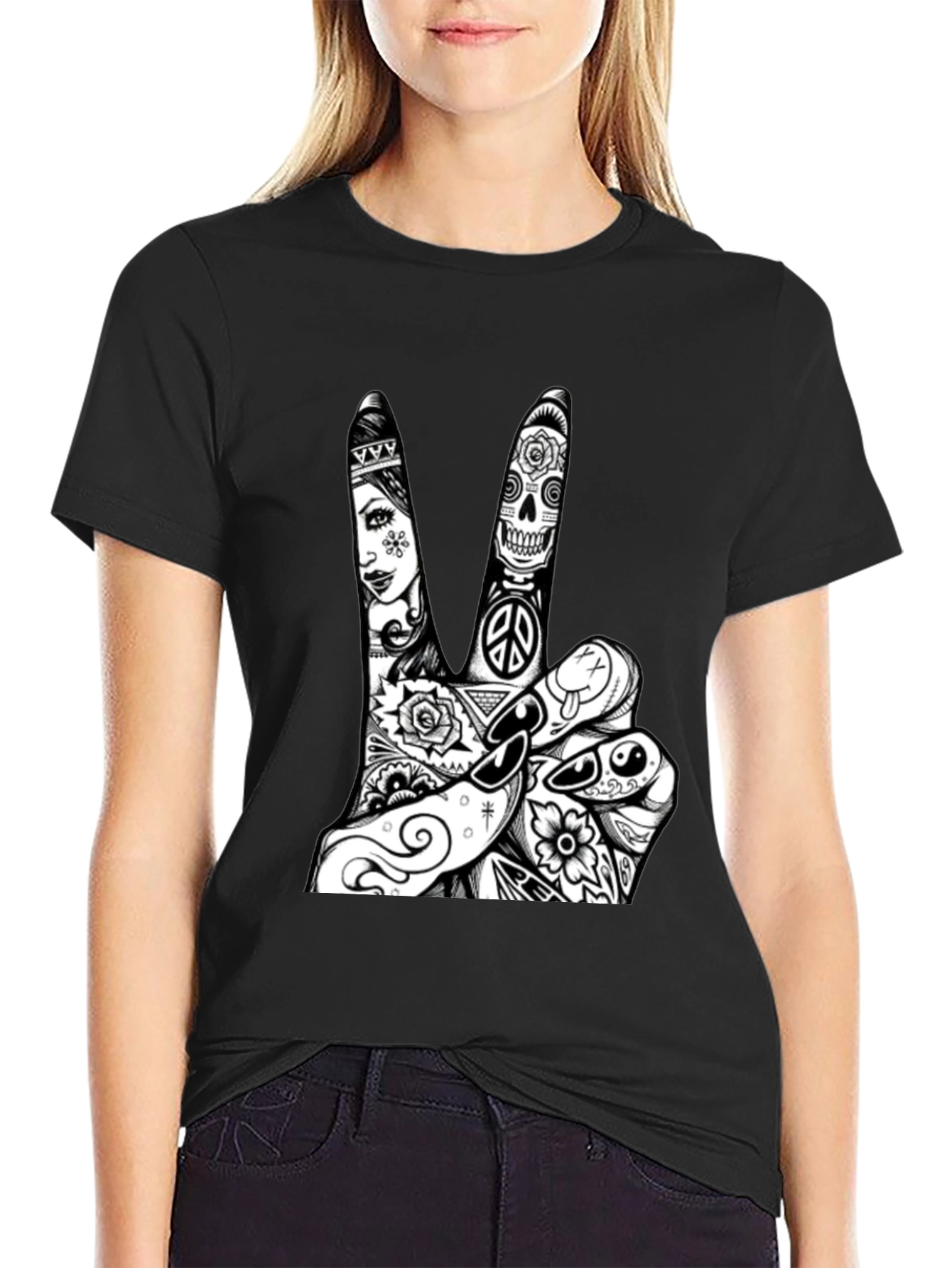 Peace Sign Graphic Tee - Black Cotton T-Shirt