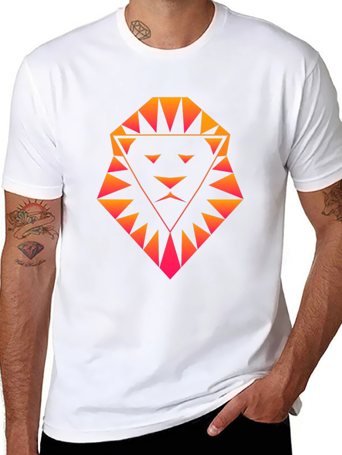 Geometric Lion Graphic Tee - Black Cotton Shirt