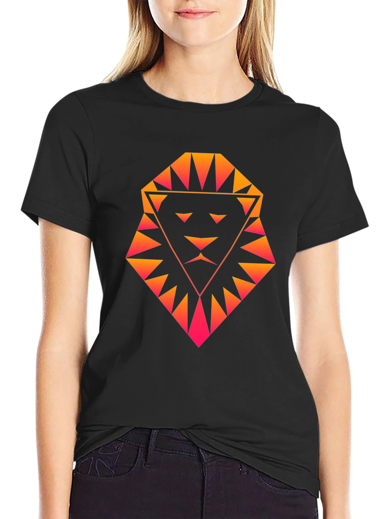 Geometric Lion Graphic Tee - Black Cotton Shirt