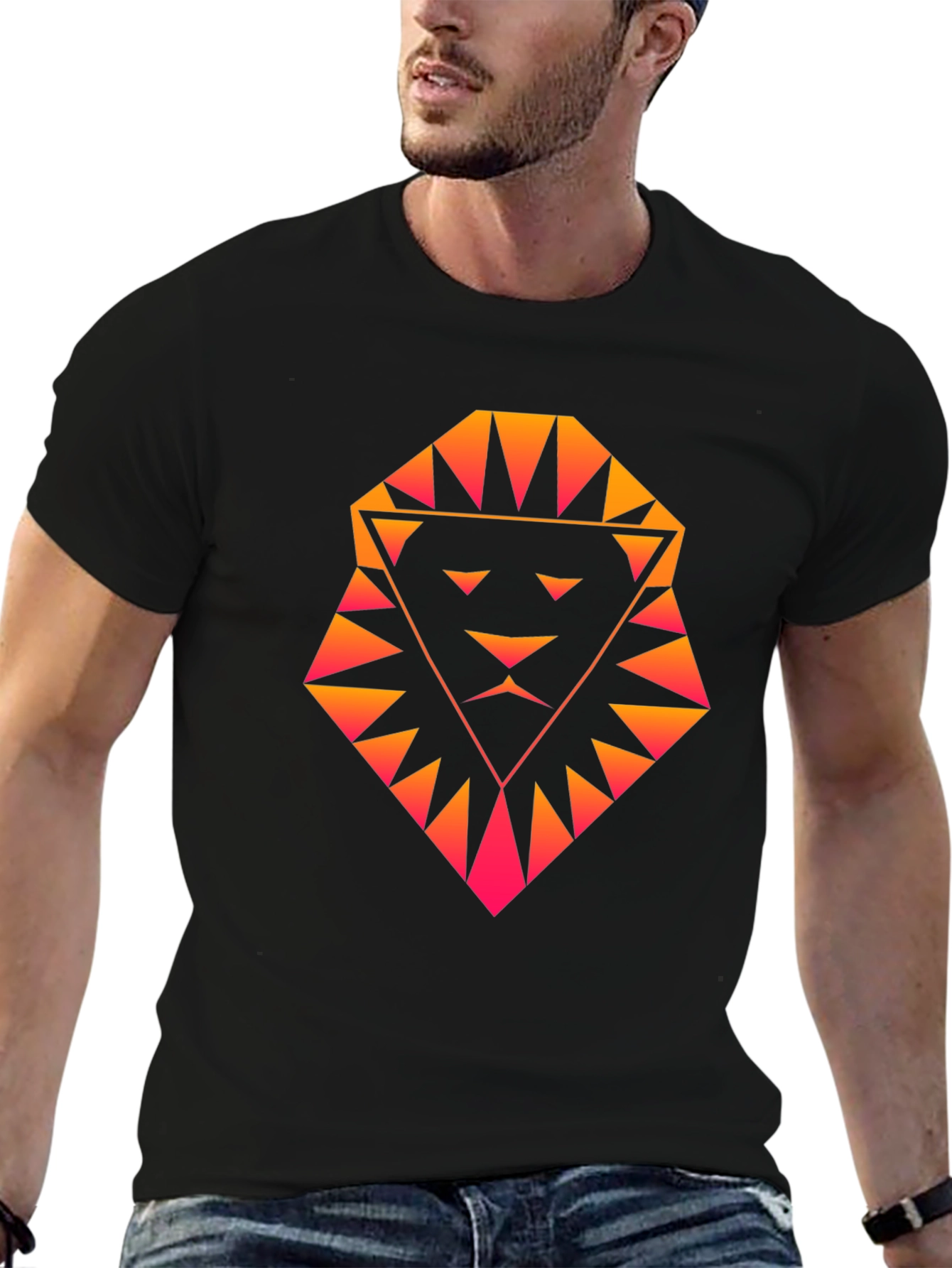 Geometric Lion Graphic Tee - Black Cotton Shirt
