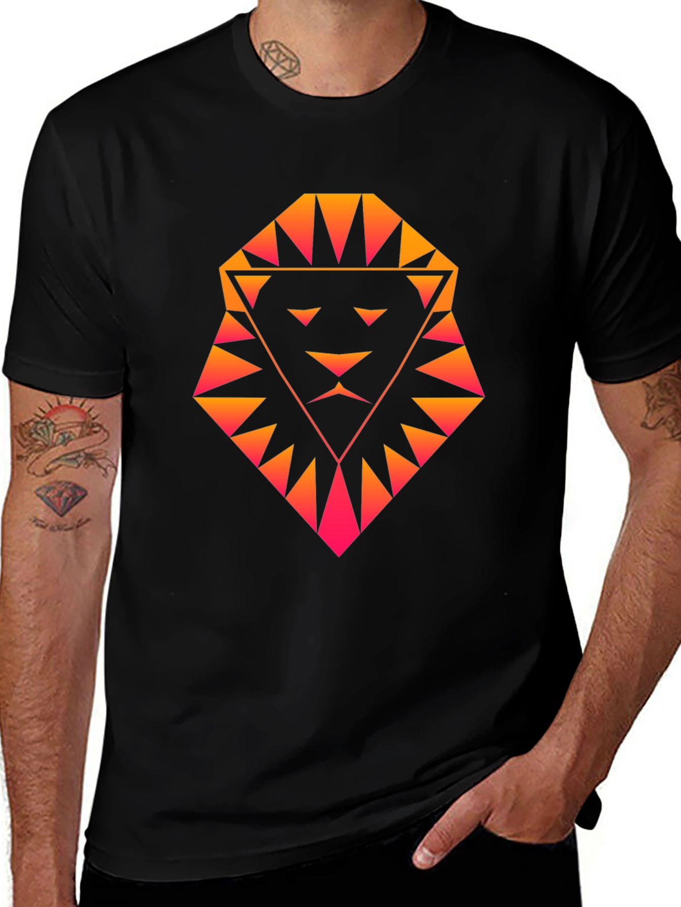 Geometric Lion Graphic Tee - Black Cotton Shirt