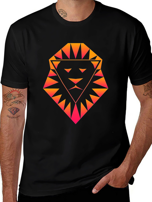 Geometric Lion Graphic Tee - Black Cotton Shirt