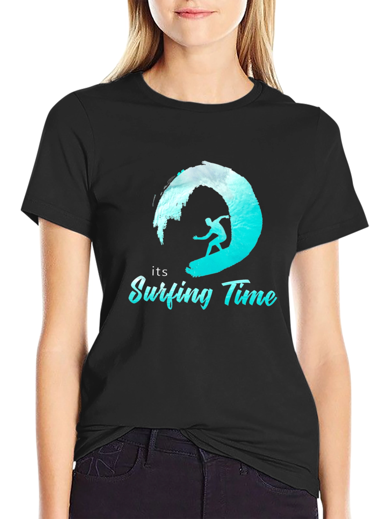 Surfing Time Tee: Black Cotton Surfer T-Shirt