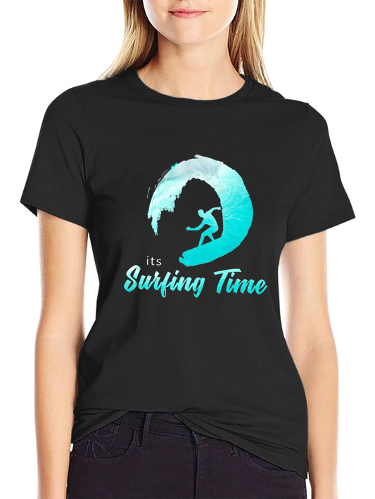 Surfing Time Tee: Black Cotton Surfer T-Shirt