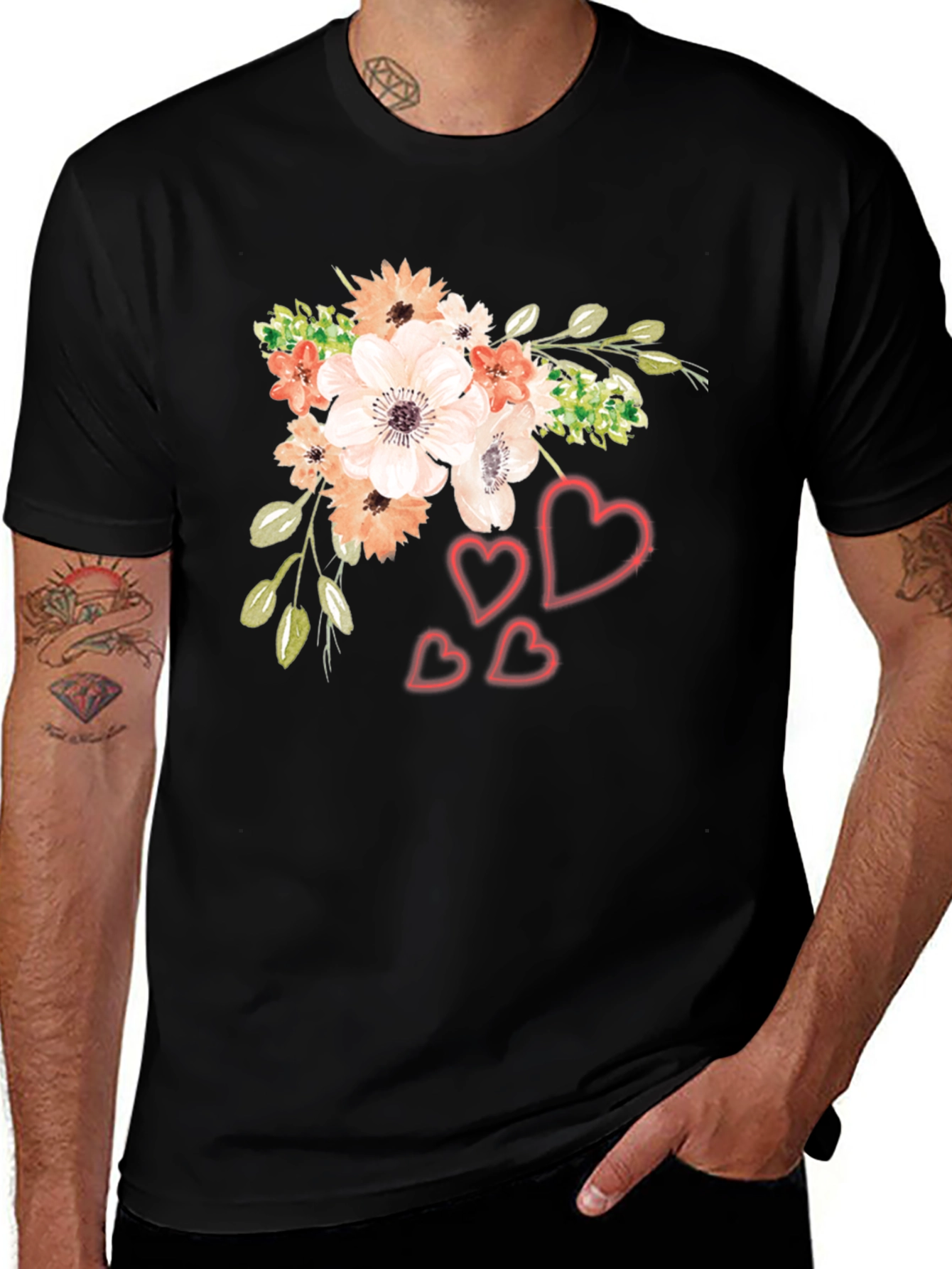 Floral Heart Graphic Black T-Shirt