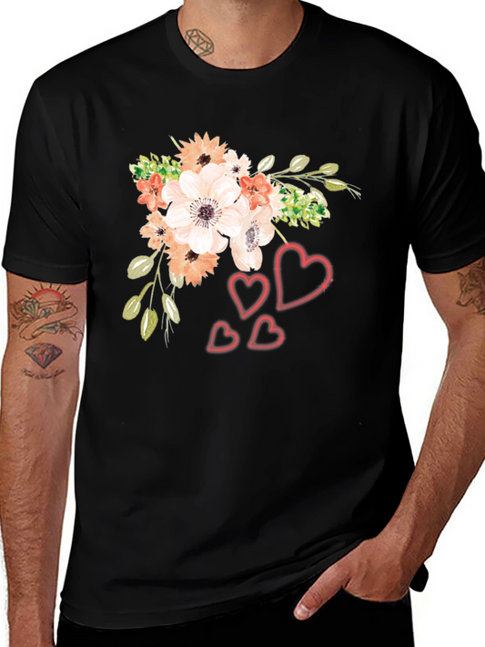 Floral Heart Graphic Black T-Shirt