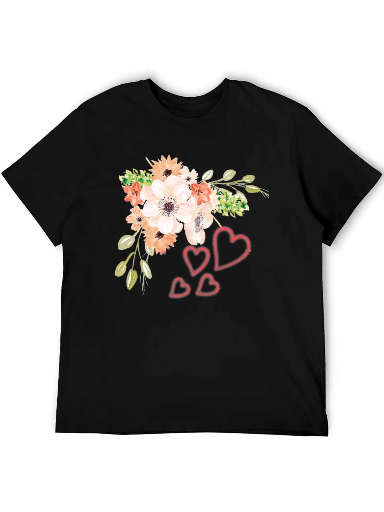 Floral Heart Graphic Black T-Shirt