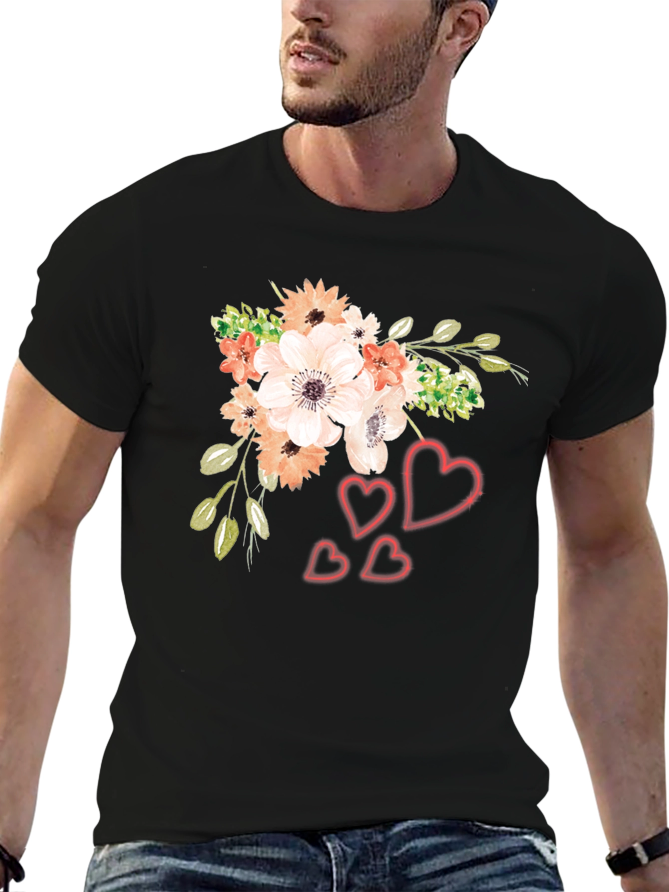 Floral Heart Graphic Black T-Shirt