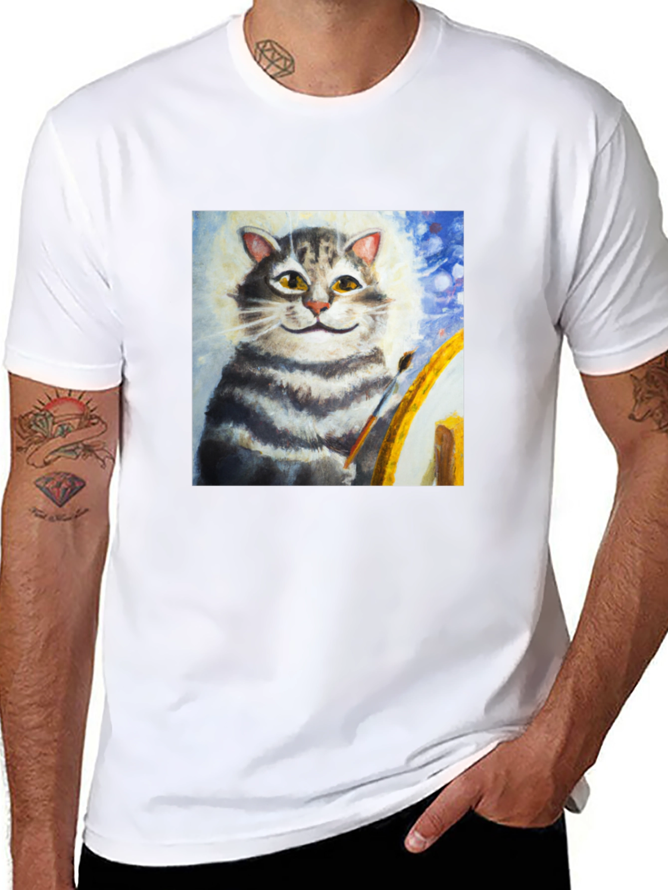 Cat Artist Graphic T-Shirt - Black