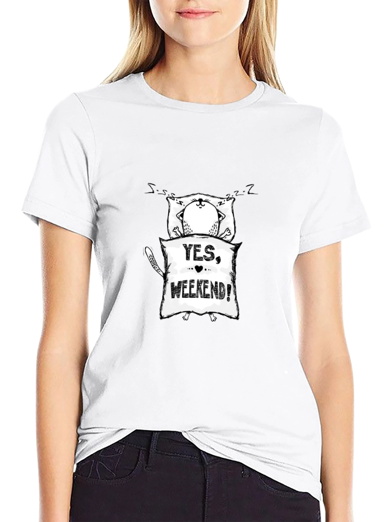 Yes Weekend! Sleepy Cat Graphic Tee - Black