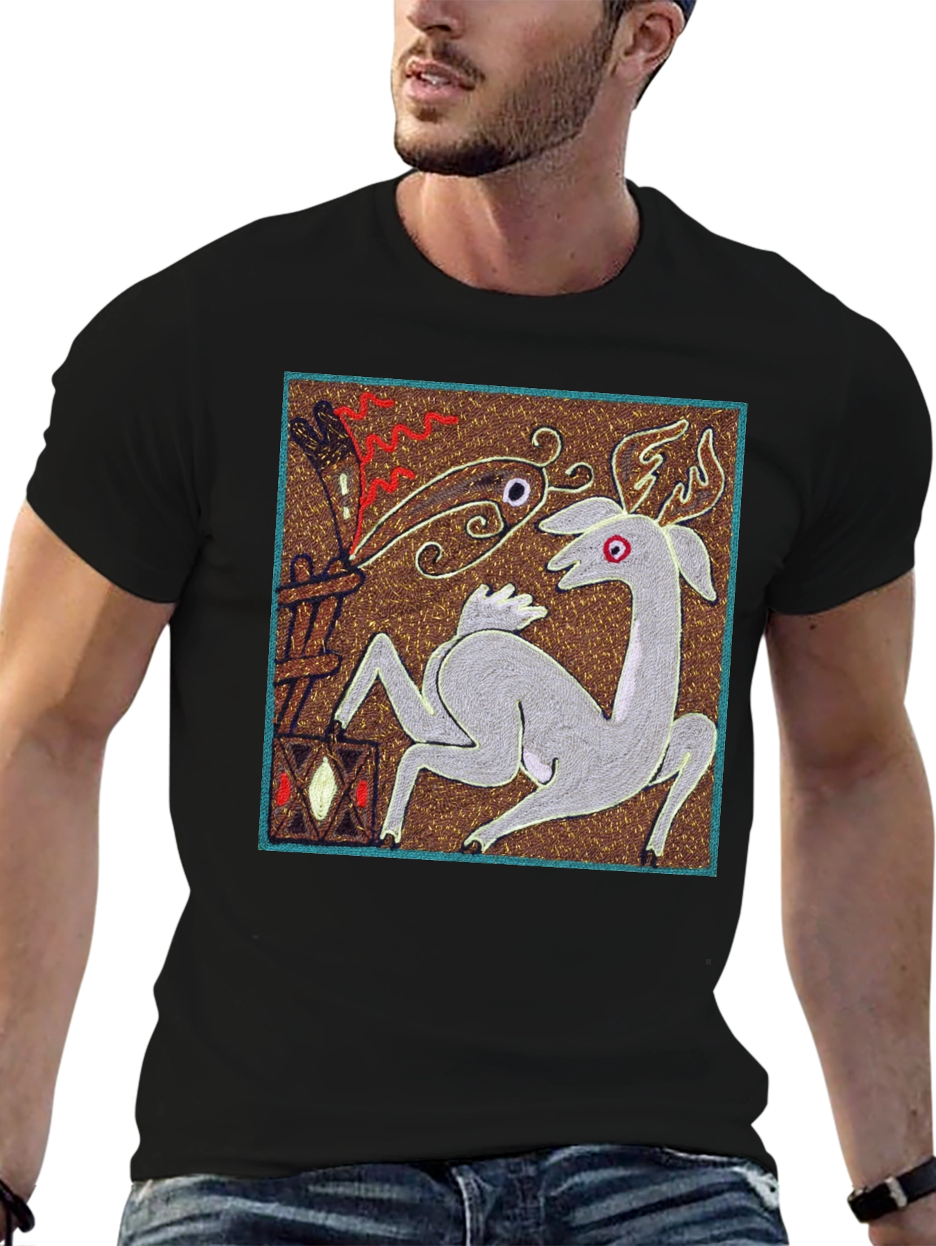 Unique Graphic Tee - Deer & Flame Design