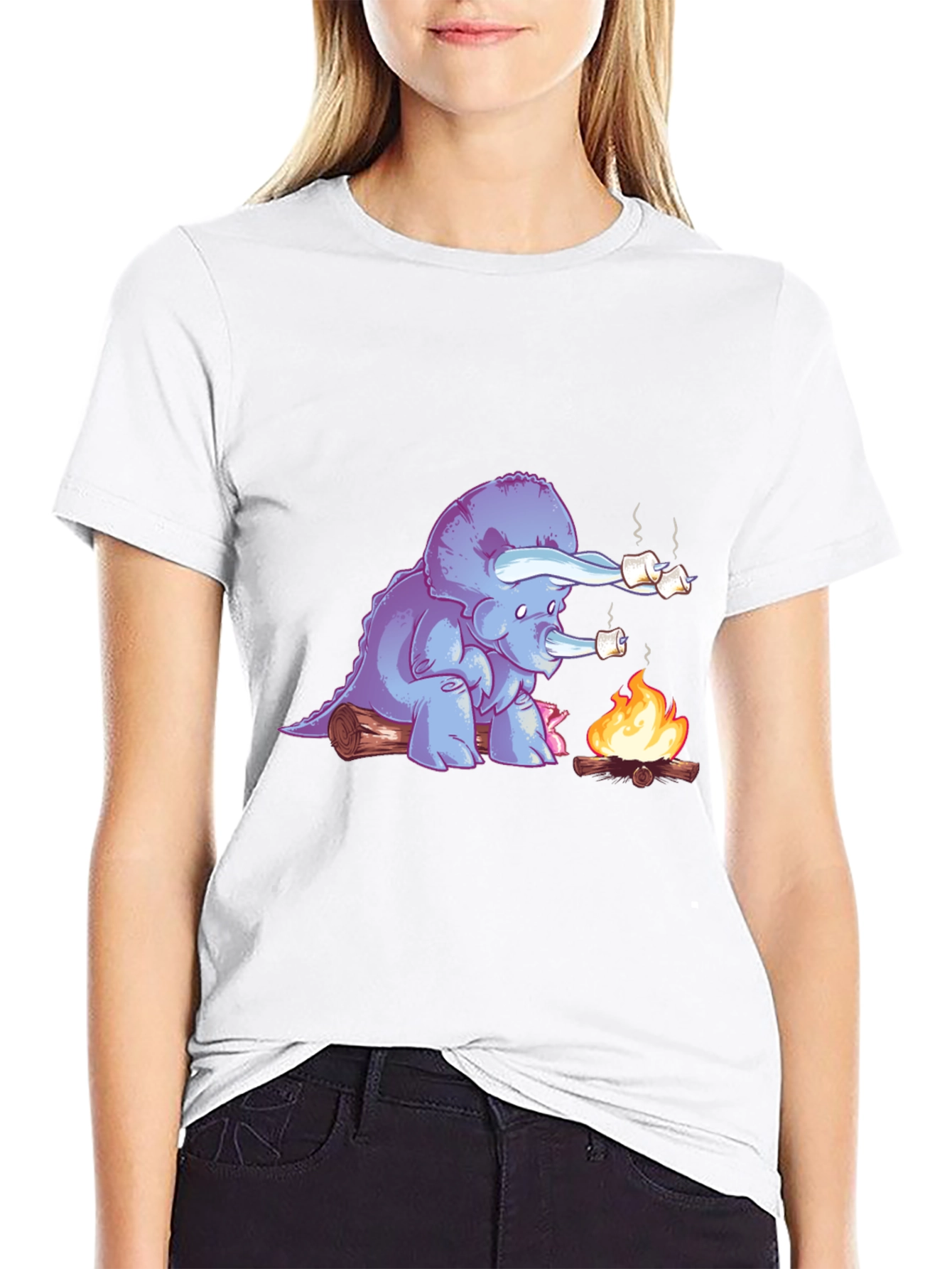 Dino Campfire T-Shirt - Marshmallow Roasting Triceratops