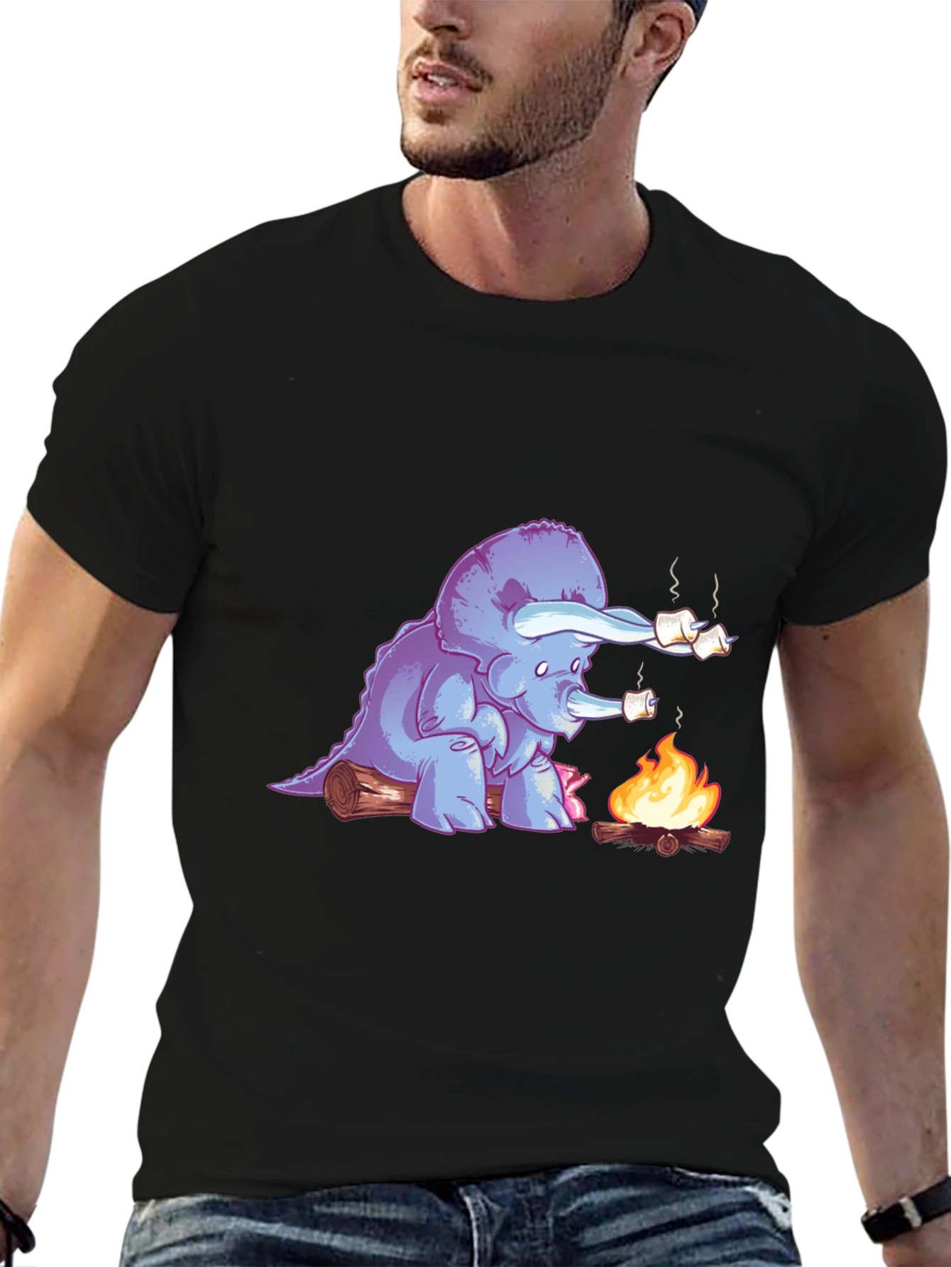 Dino Campfire T-Shirt - Marshmallow Roasting Triceratops
