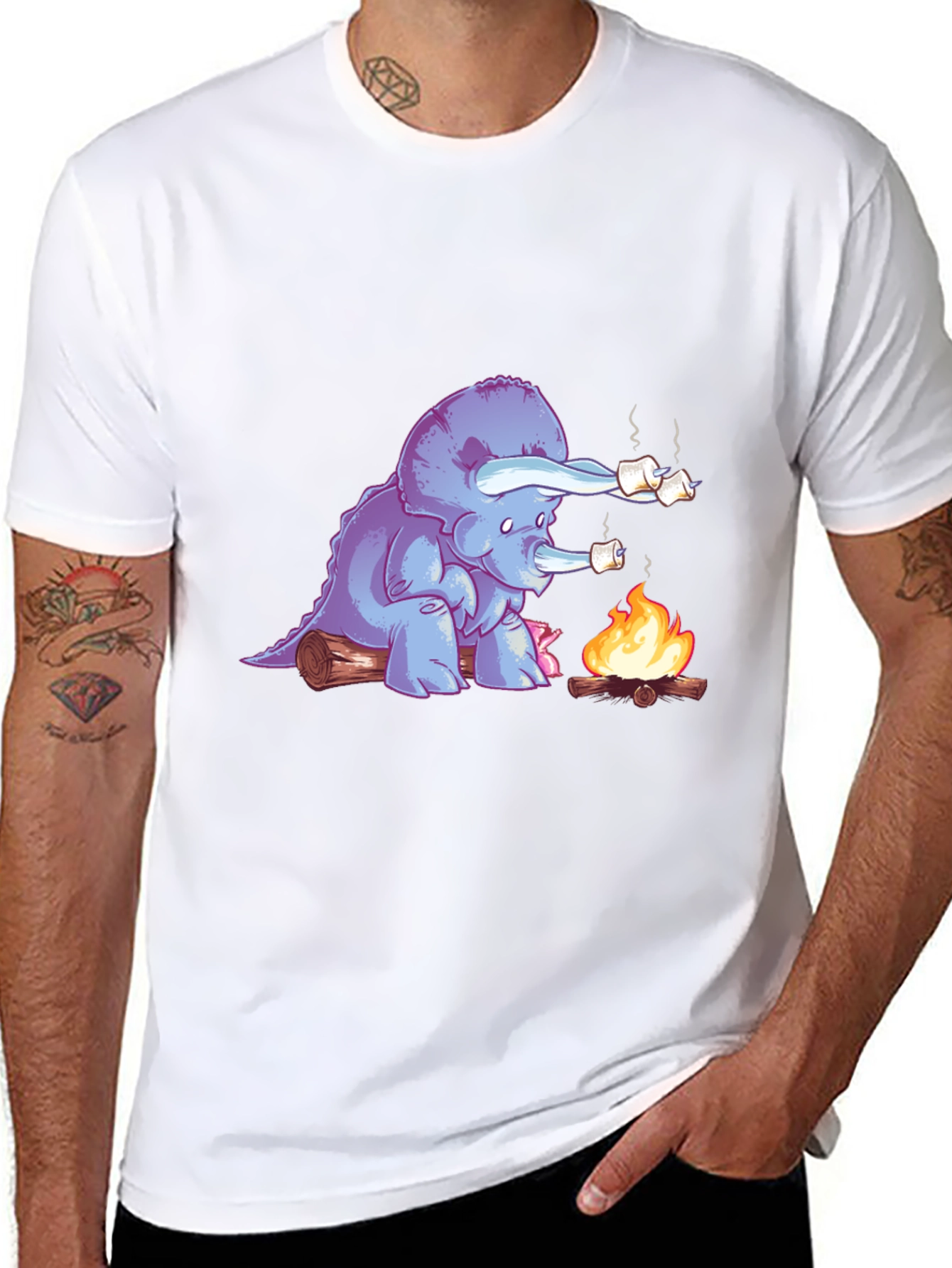 Dino Campfire T-Shirt - Marshmallow Roasting Triceratops