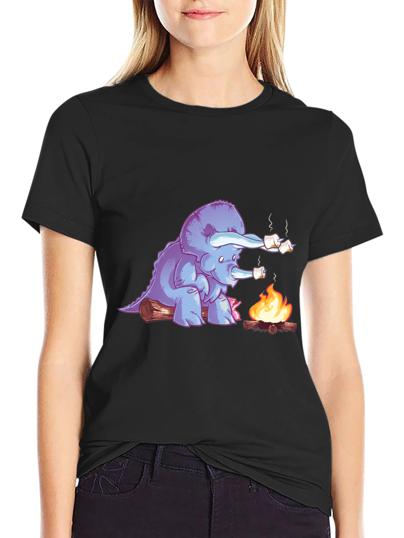 Dino Campfire T-Shirt - Marshmallow Roasting Triceratops