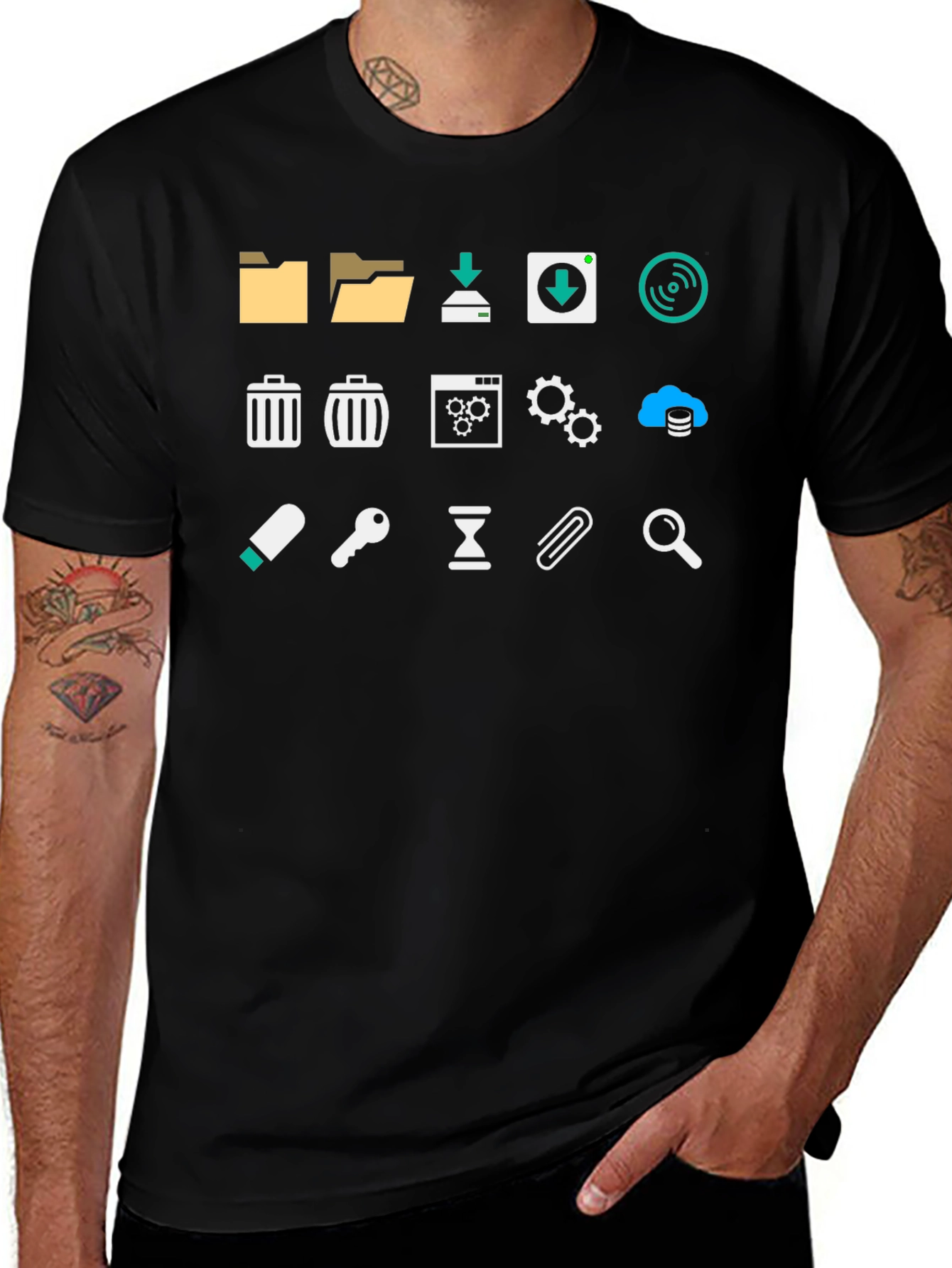 Geeky Icon Pattern Black T-Shirt