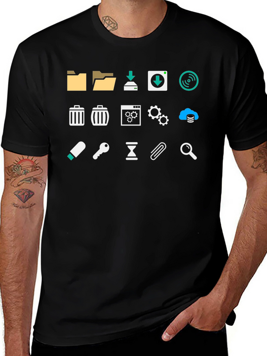 Geeky Icon Pattern Black T-Shirt