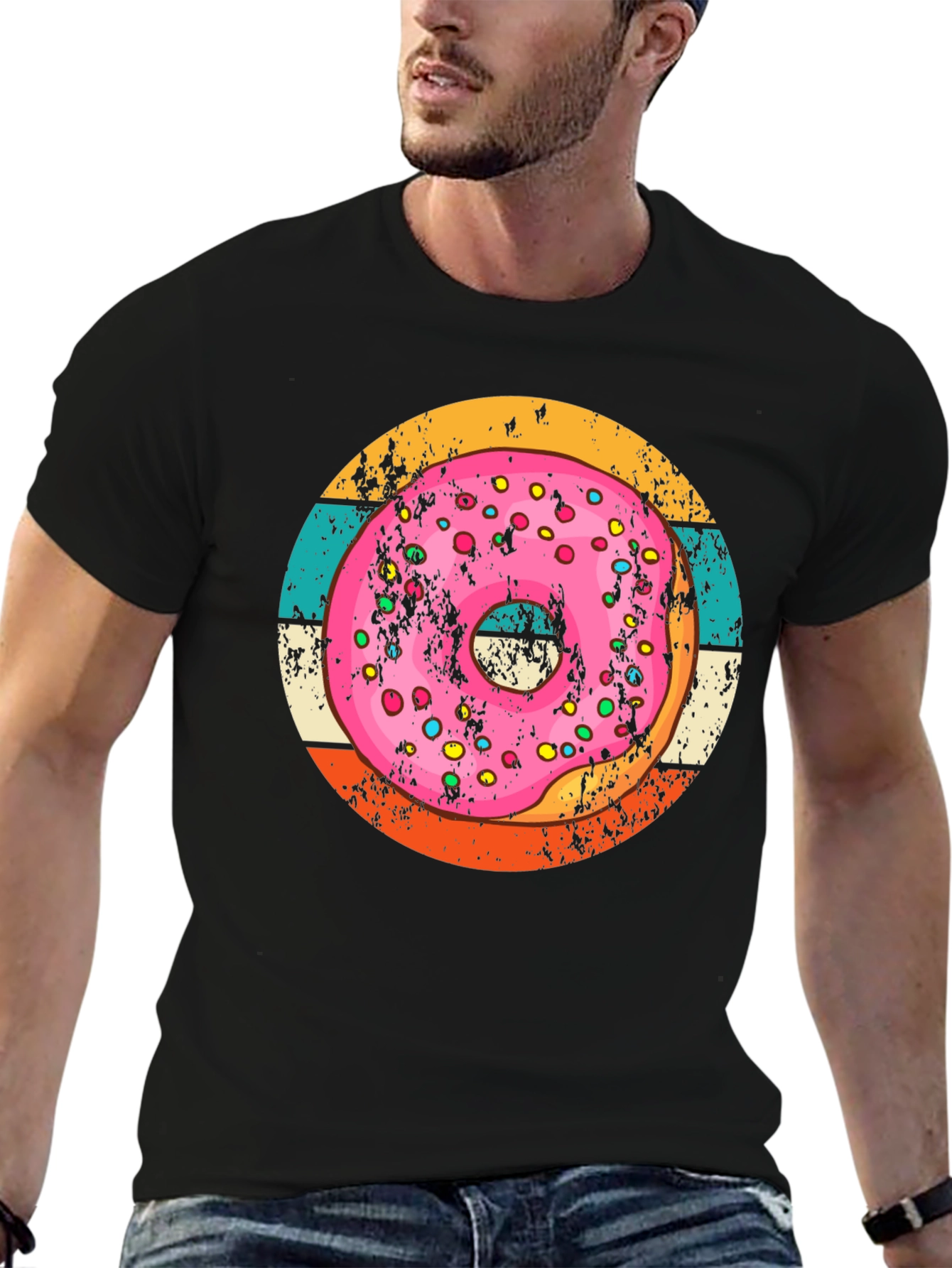 Retro Donut Graphic Tee - Unisex Black Cotton T-Shirt