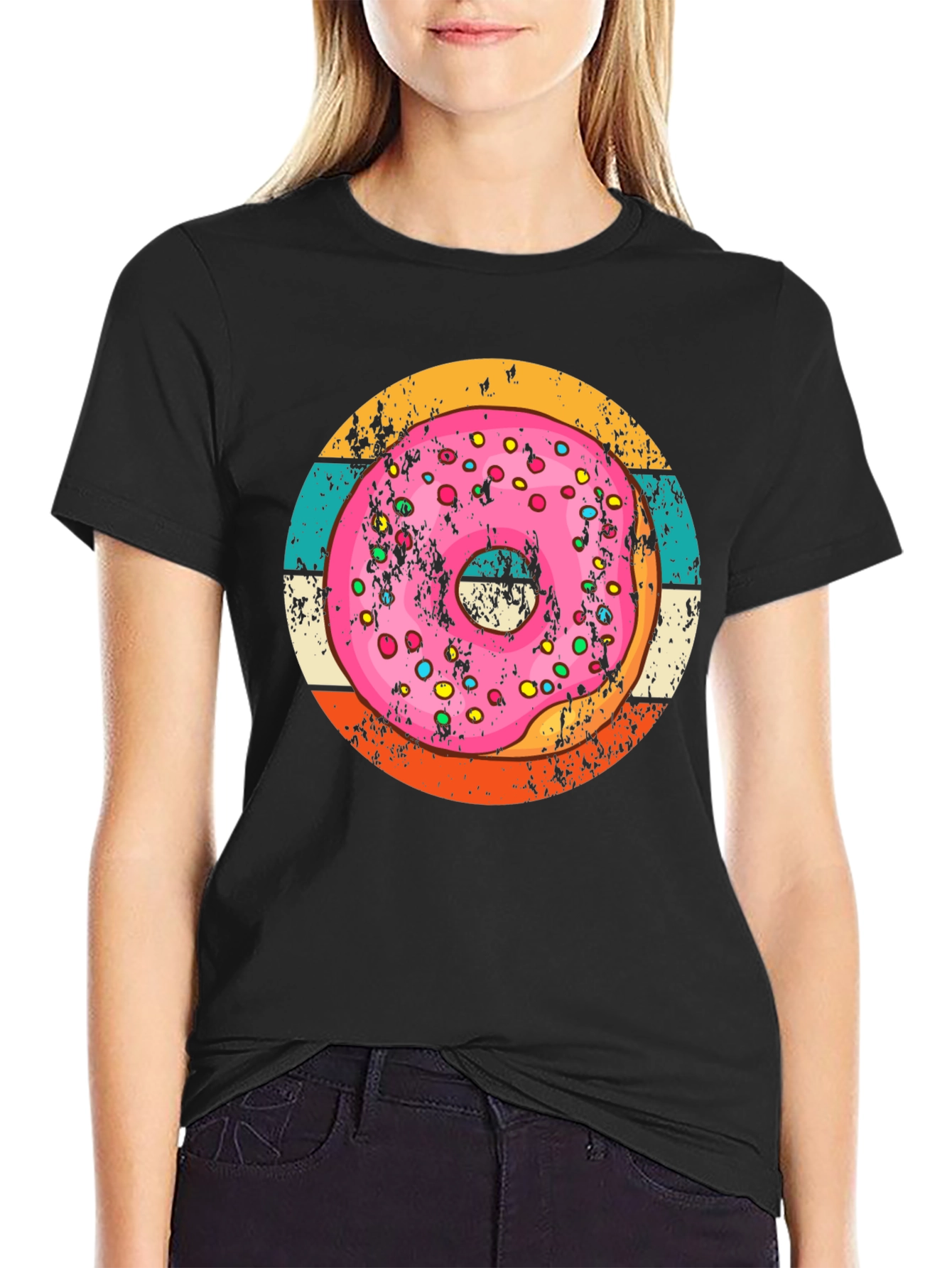 Retro Donut Graphic Tee - Unisex Black Cotton T-Shirt