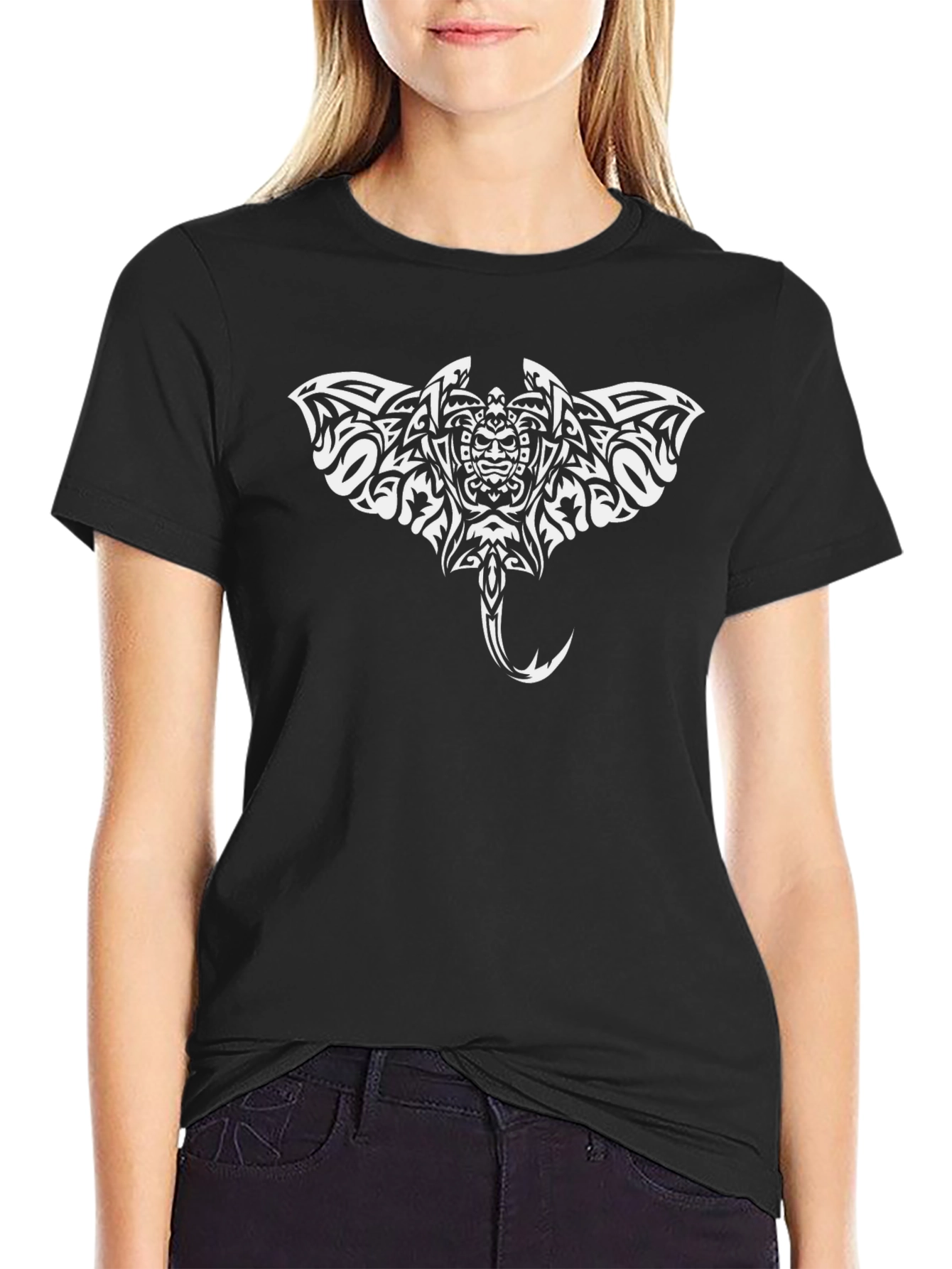 Tribal Stingray Graphic Tee - Black Cotton Comfort