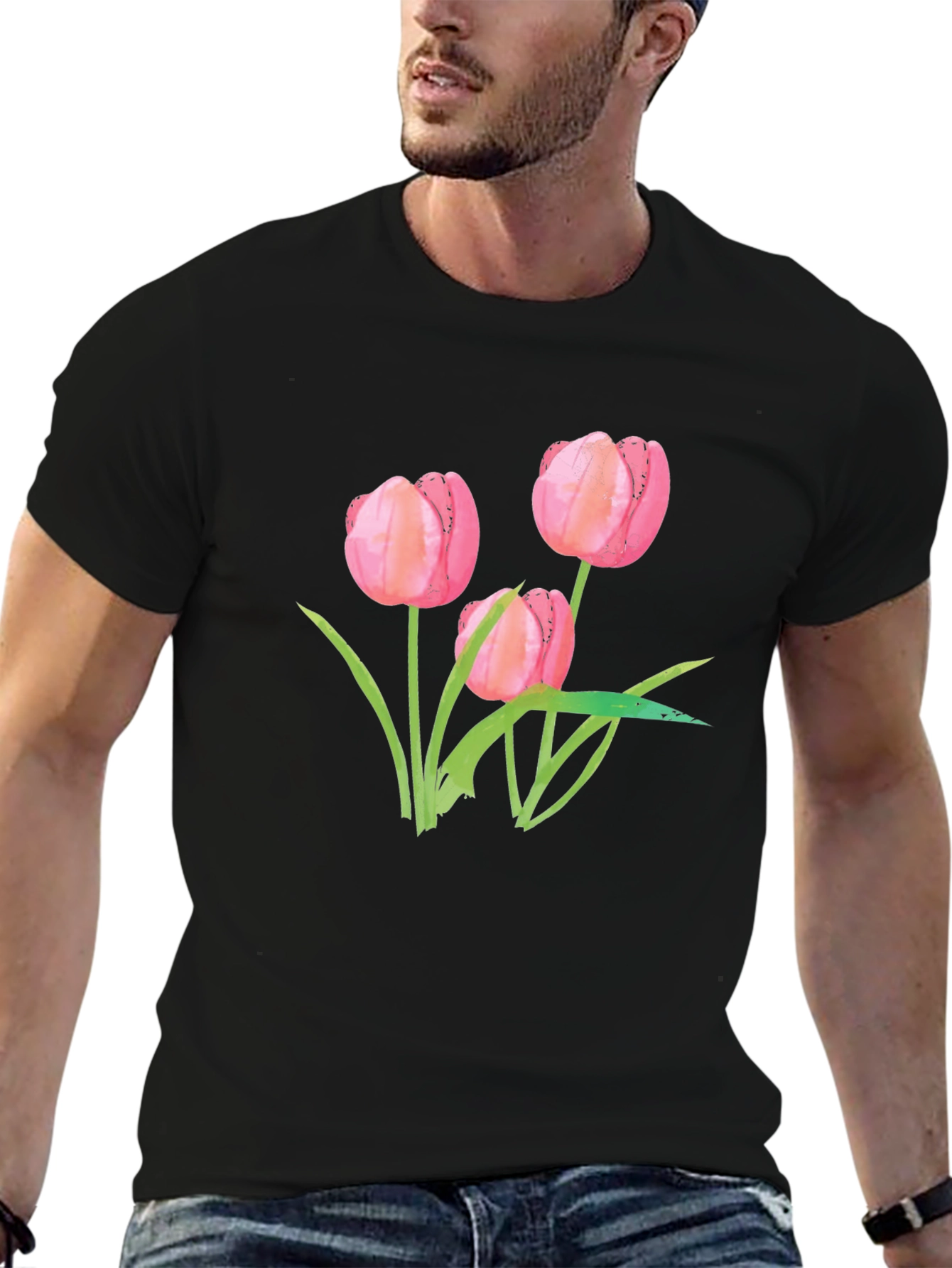 Floral Tulip Graphic Tee - Stylish Black T-Shirt