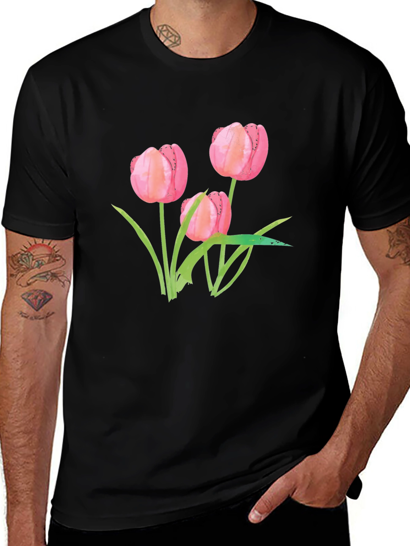 Floral Tulip Graphic Tee - Stylish Black T-Shirt