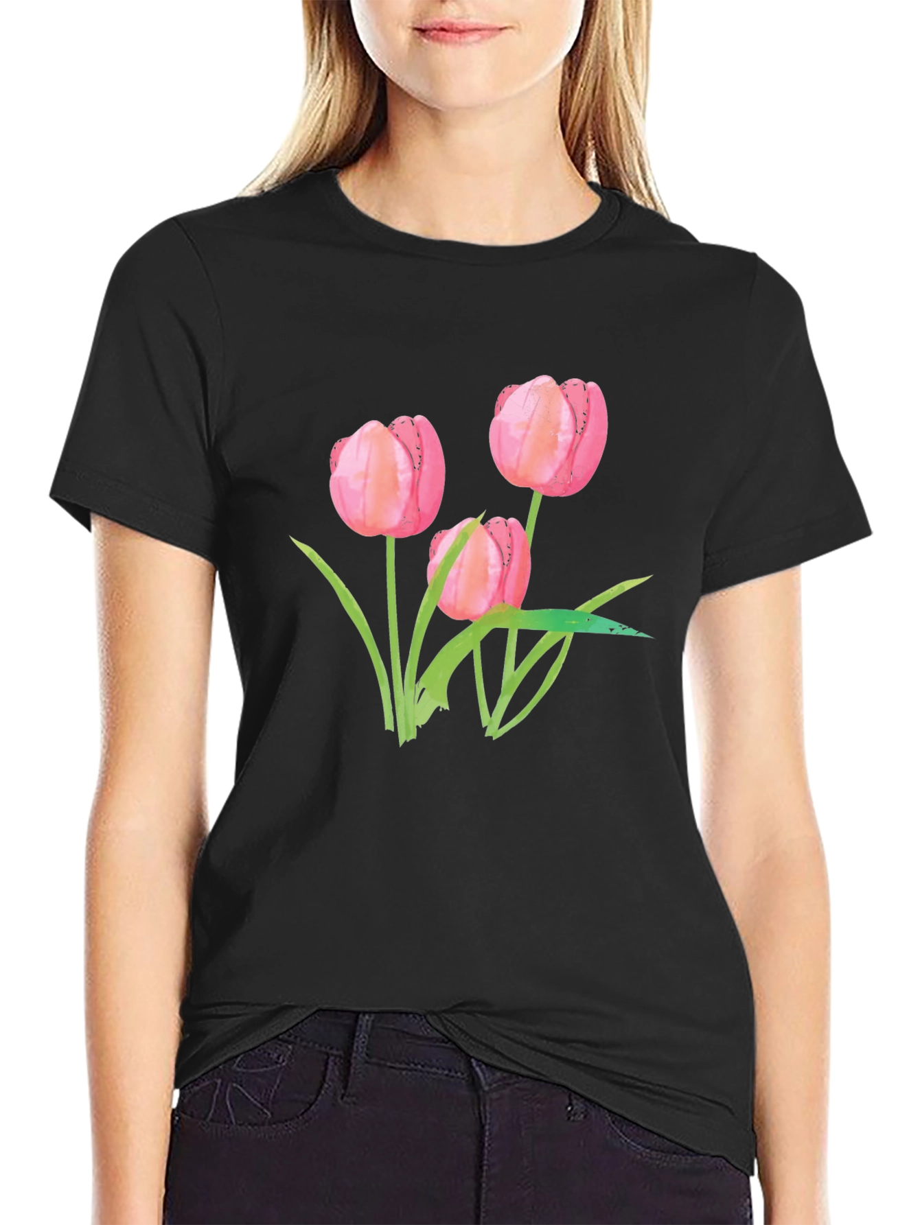 Floral Tulip Graphic Tee - Stylish Black T-Shirt