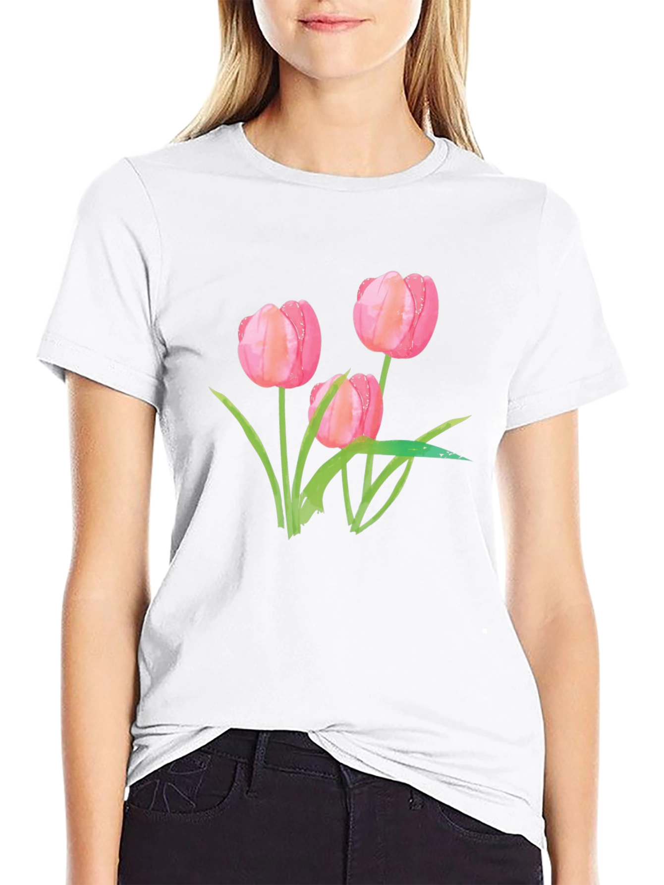 Floral Tulip Graphic Tee - Stylish Black T-Shirt