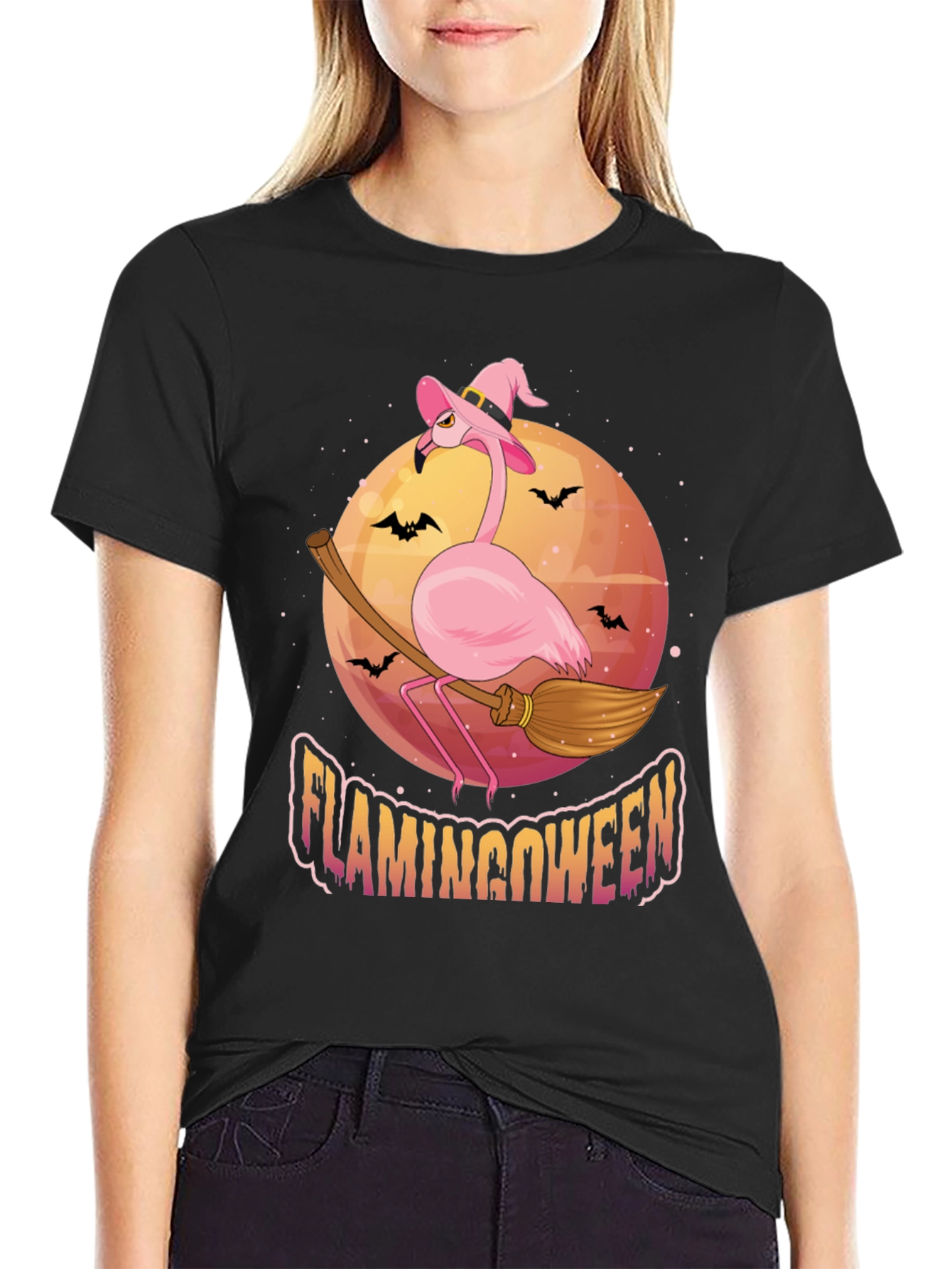Flamingoween Halloween T-Shirt - Pink Flamingo Witch Tee