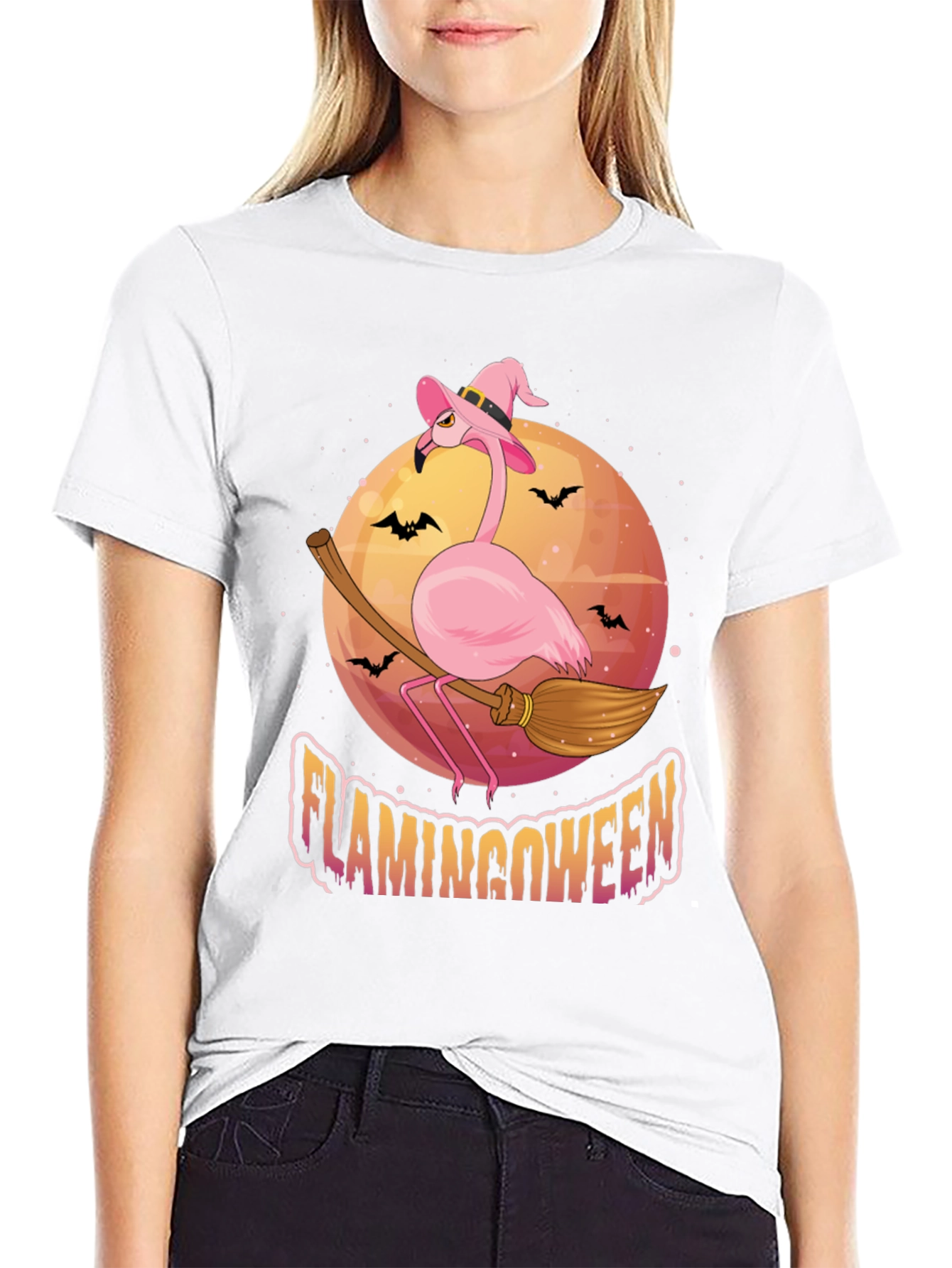 Flamingoween Halloween T-Shirt - Pink Flamingo Witch Tee