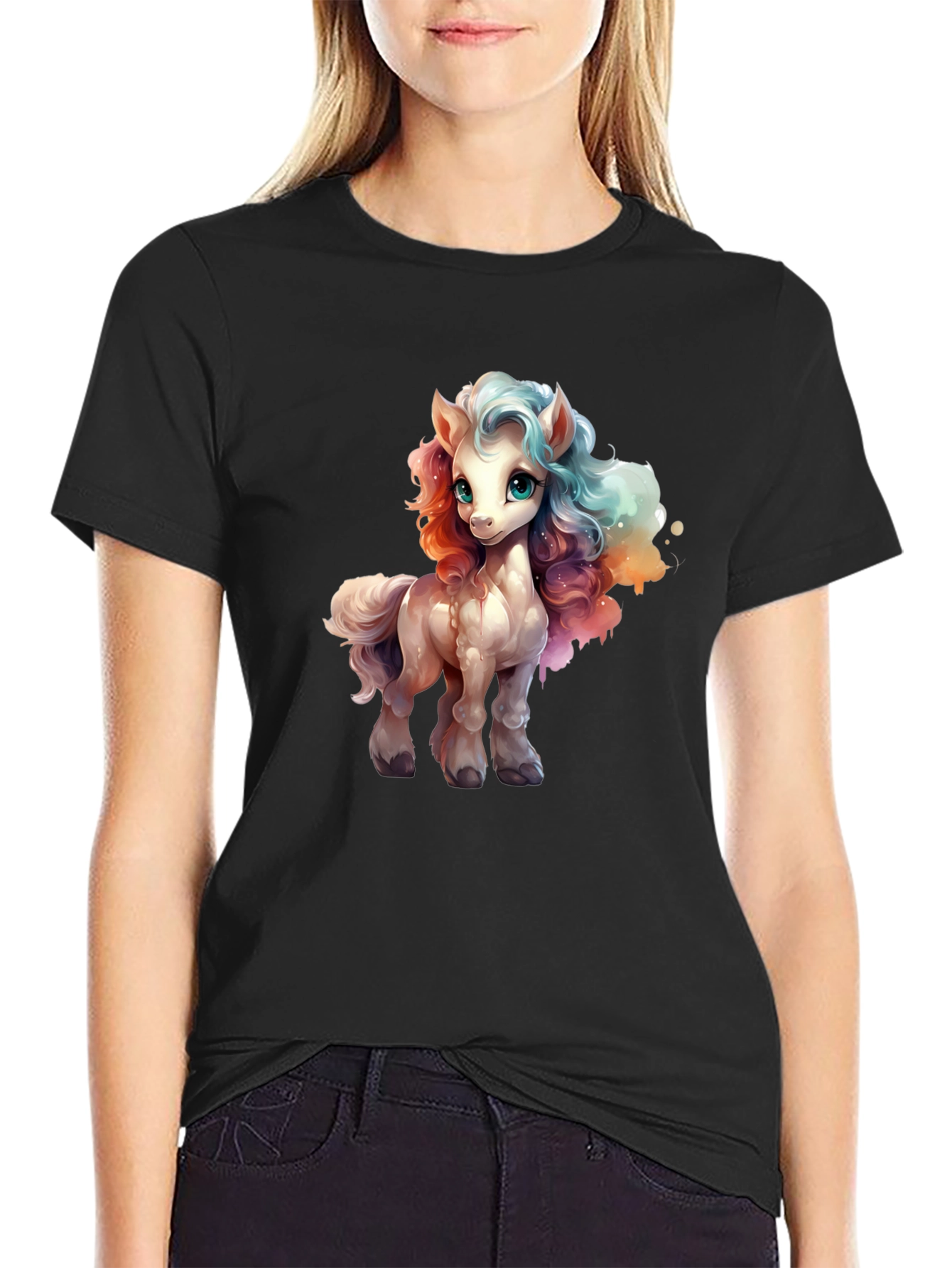 Cartoon Pony Graphic Tee - Black T-Shirt