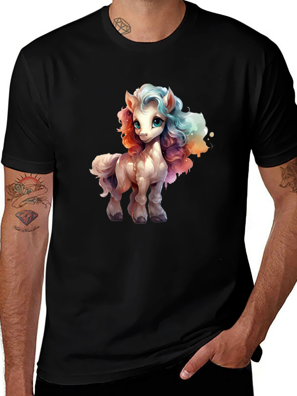 Cartoon Pony Graphic Tee - Black T-Shirt