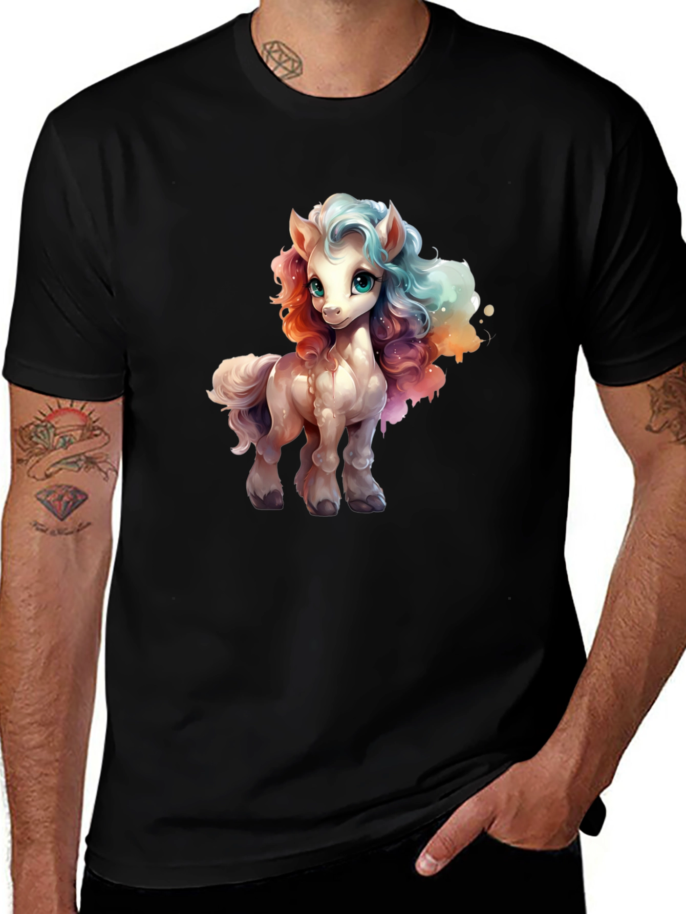 Cartoon Pony Graphic Tee - Black T-Shirt