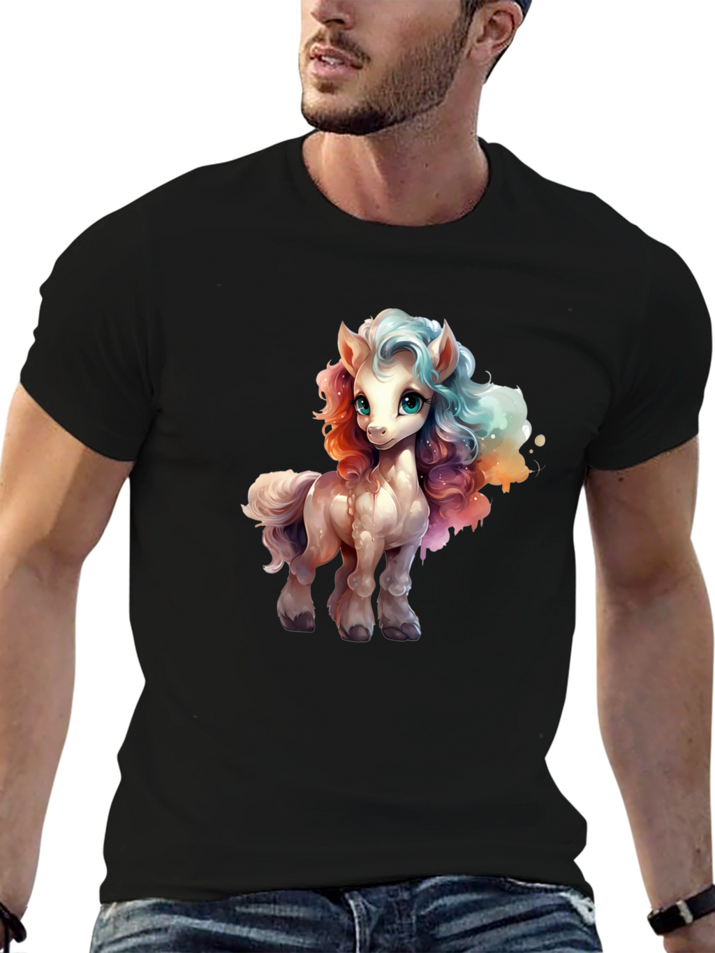 Cartoon Pony Graphic Tee - Black T-Shirt