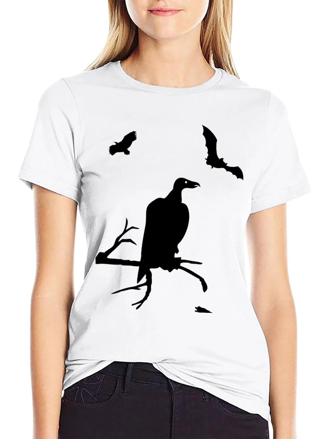Halloween Bird & Bat Graphic Tee - Black