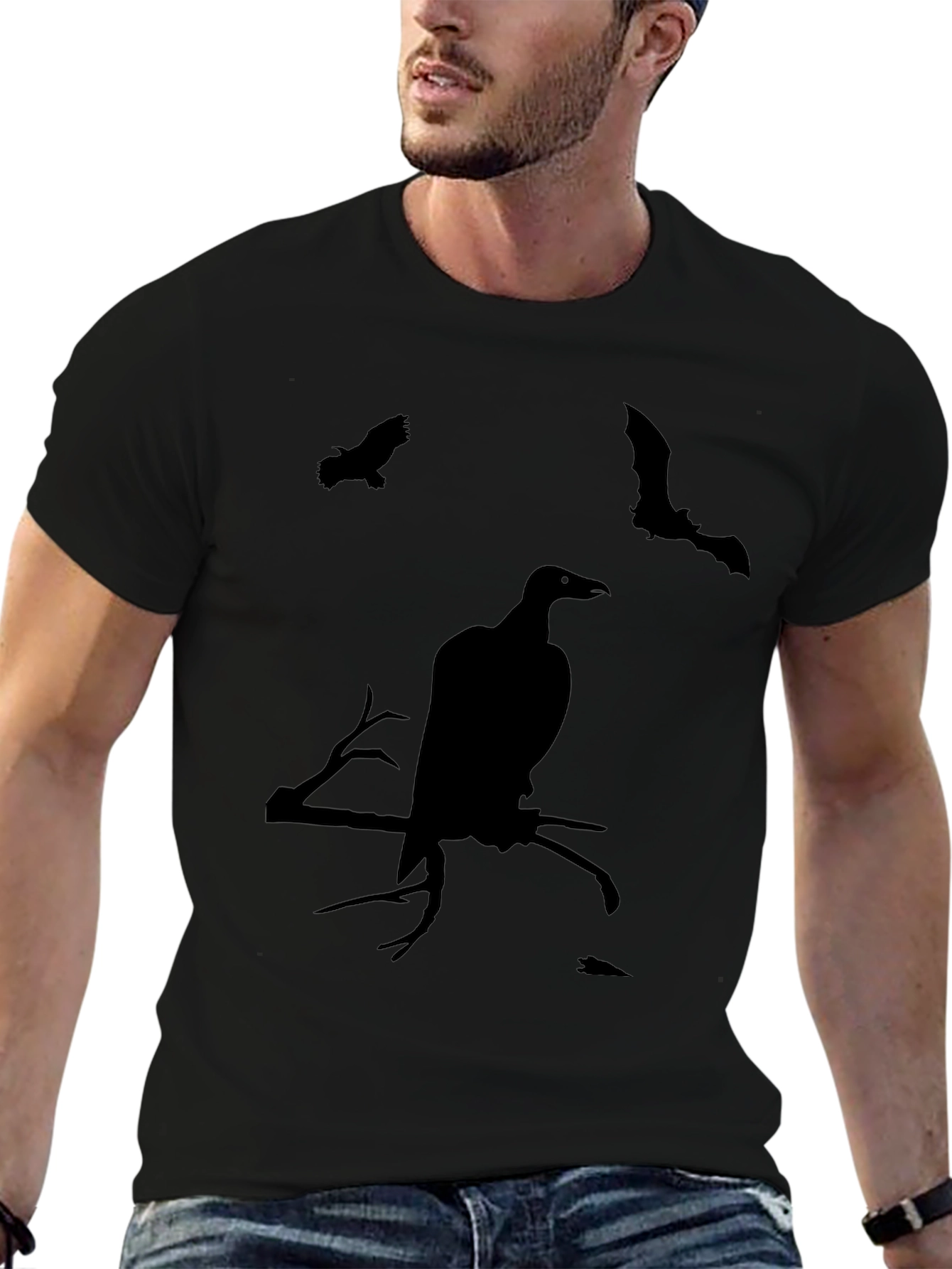 Halloween Bird & Bat Graphic Tee - Black