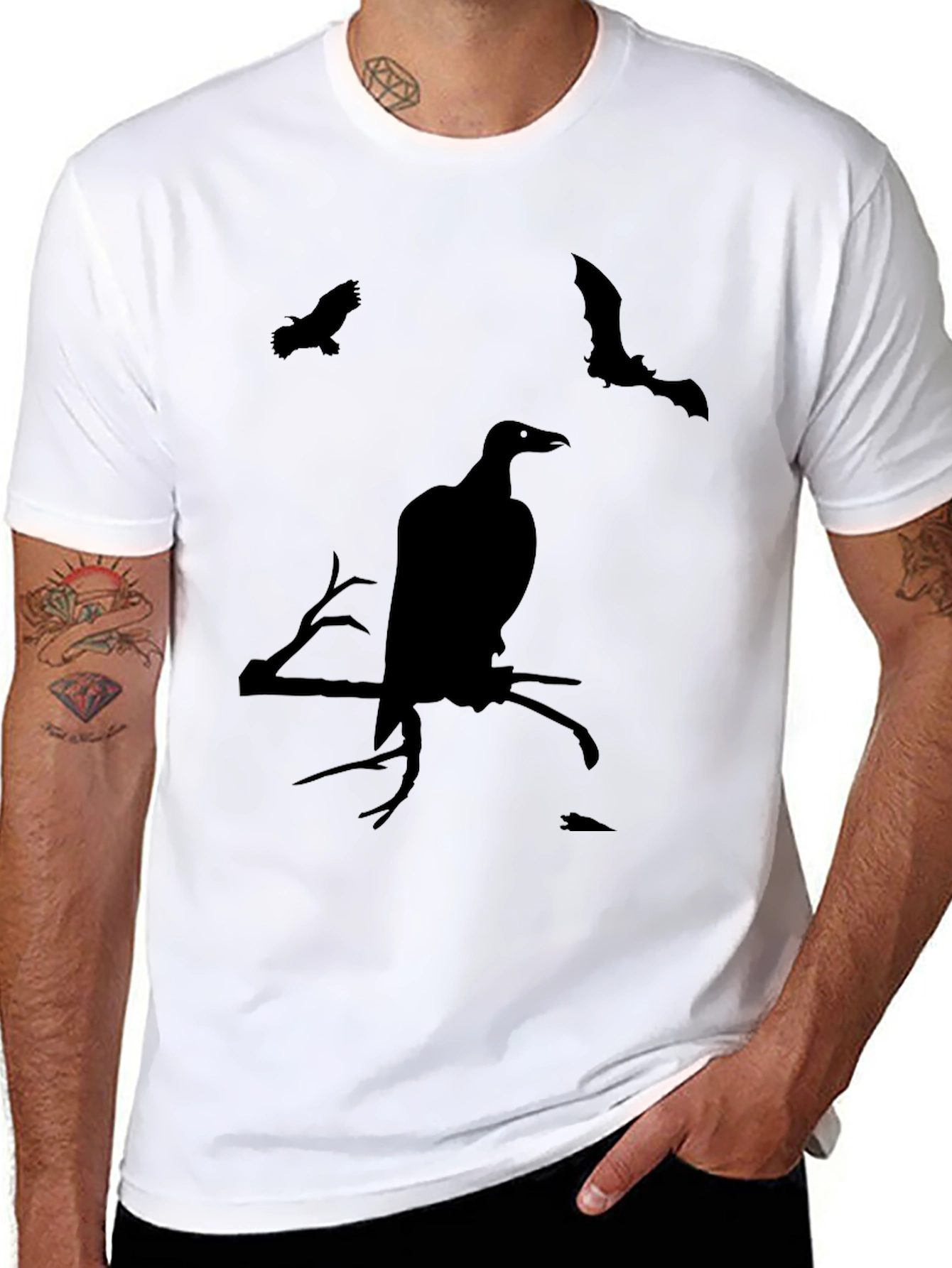Halloween Bird & Bat Graphic Tee - Black