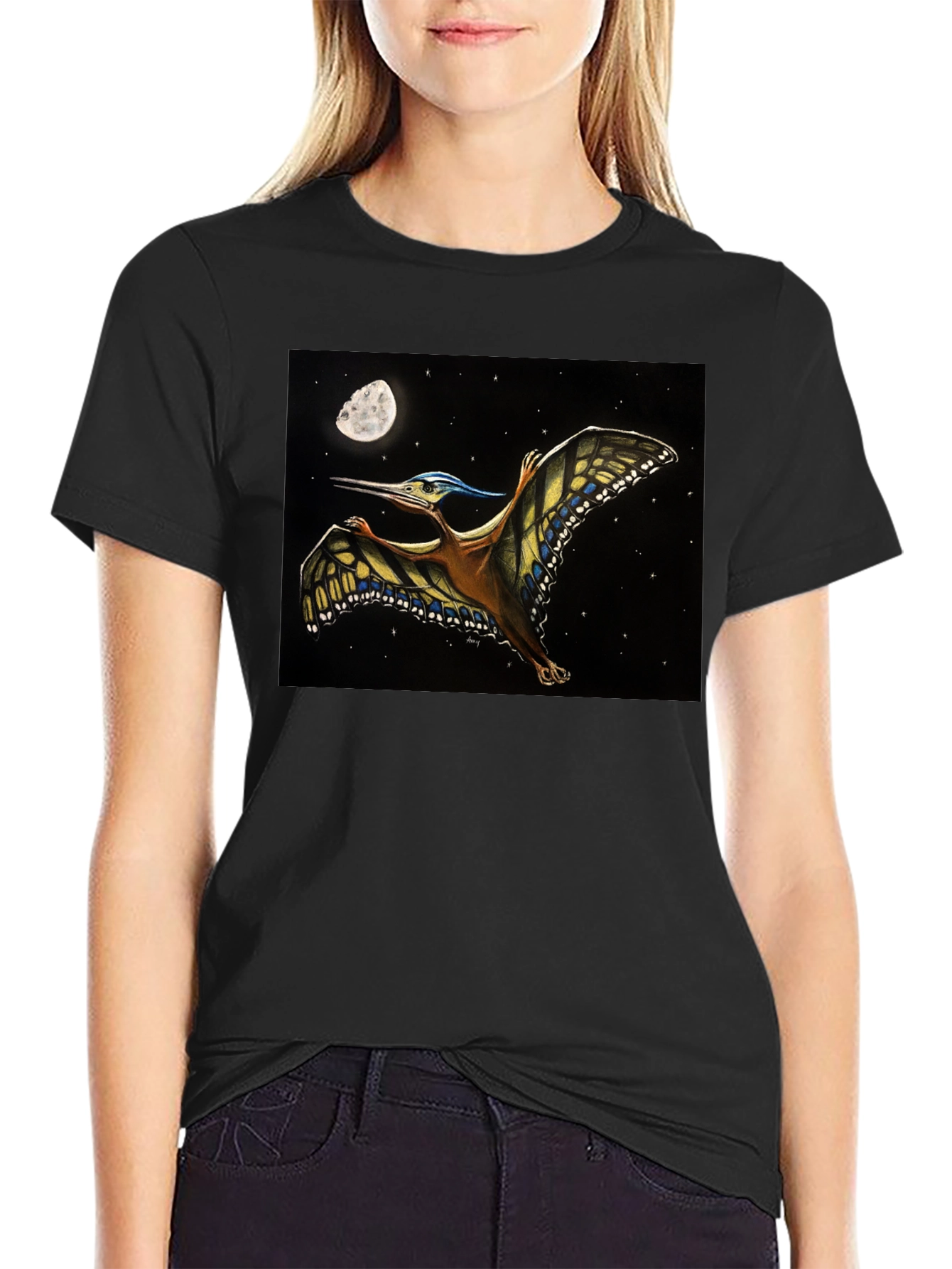 Pterodactyl Moon T-Shirt - Black Cotton Tee