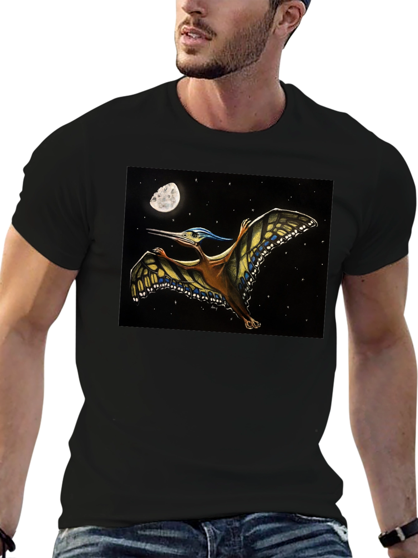 Pterodactyl Moon T-Shirt - Black Cotton Tee