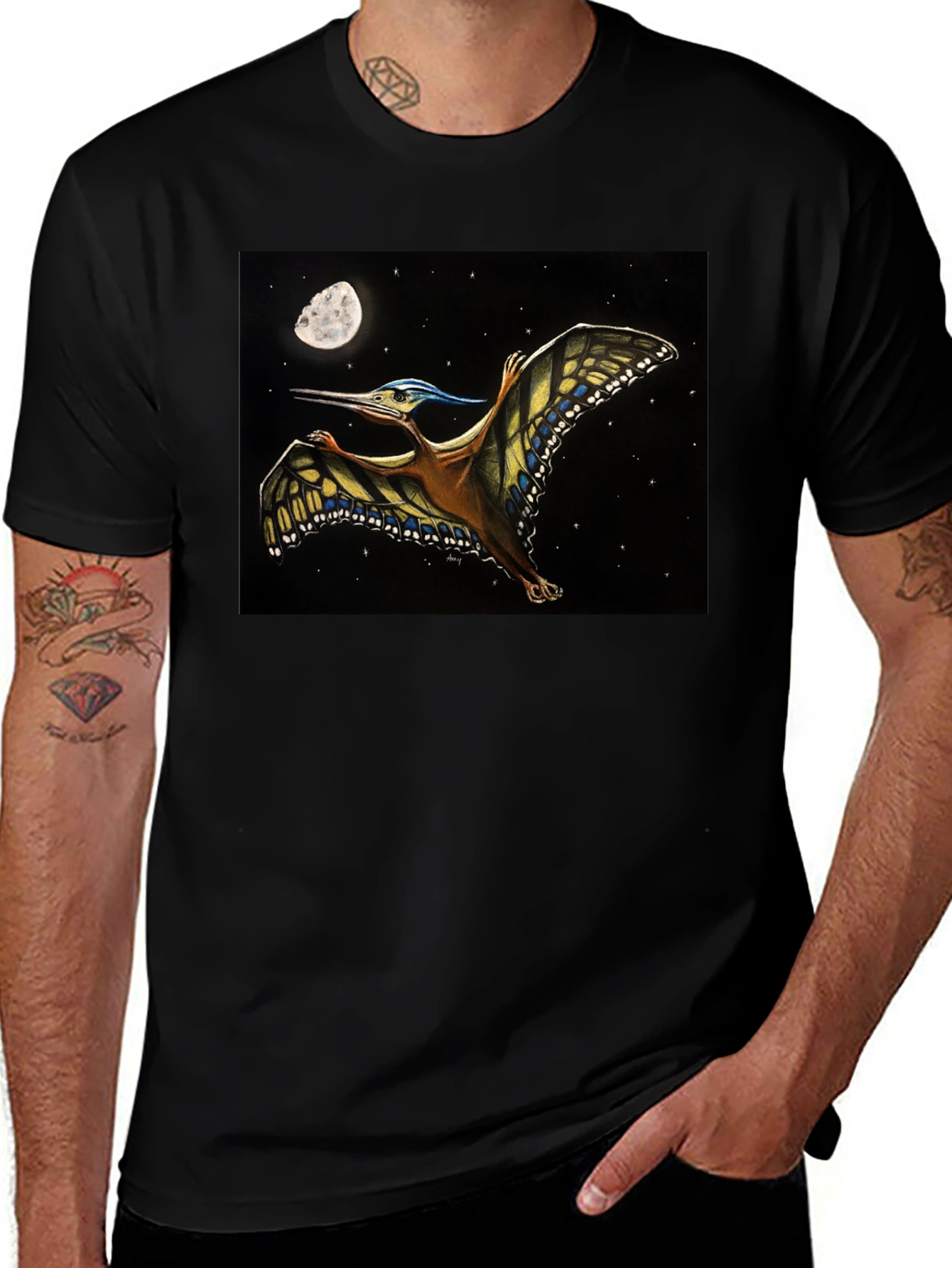 Pterodactyl Moon T-Shirt - Black Cotton Tee