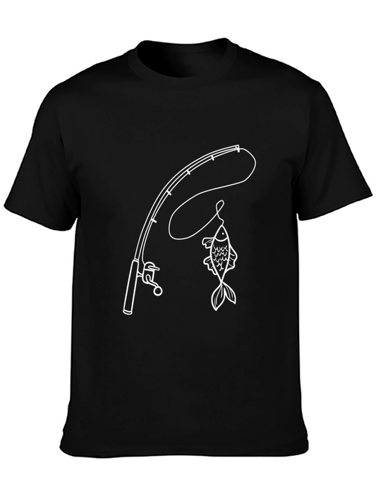 Fishing Rod & Fish Graphic Tee - Black Cotton T-Shirt