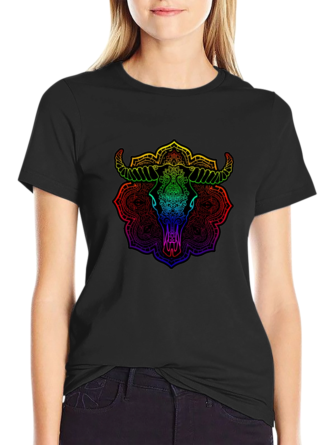 Rainbow Bull Skull Mandala Graphic T-Shirt