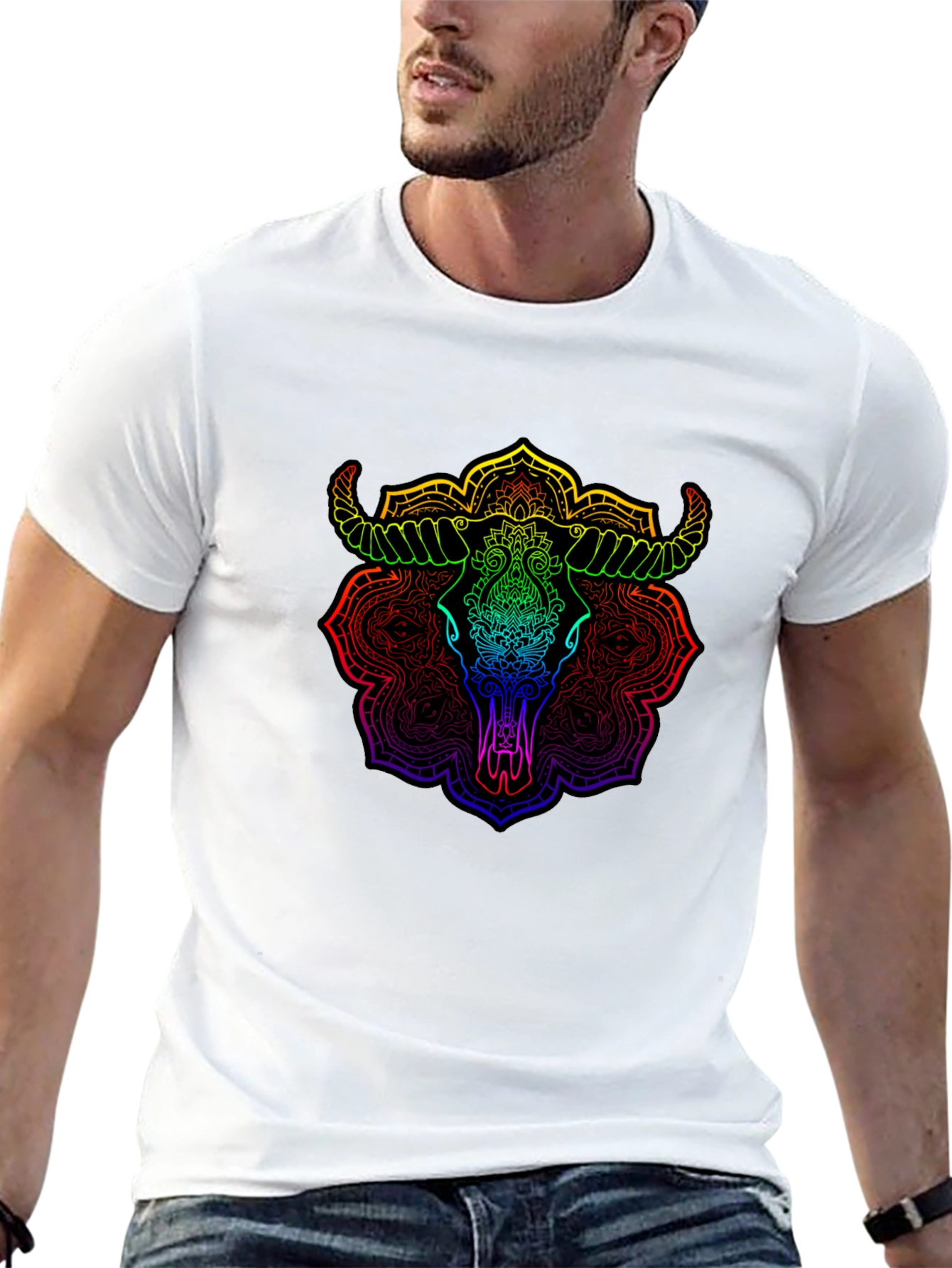 Rainbow Bull Skull Mandala Graphic T-Shirt