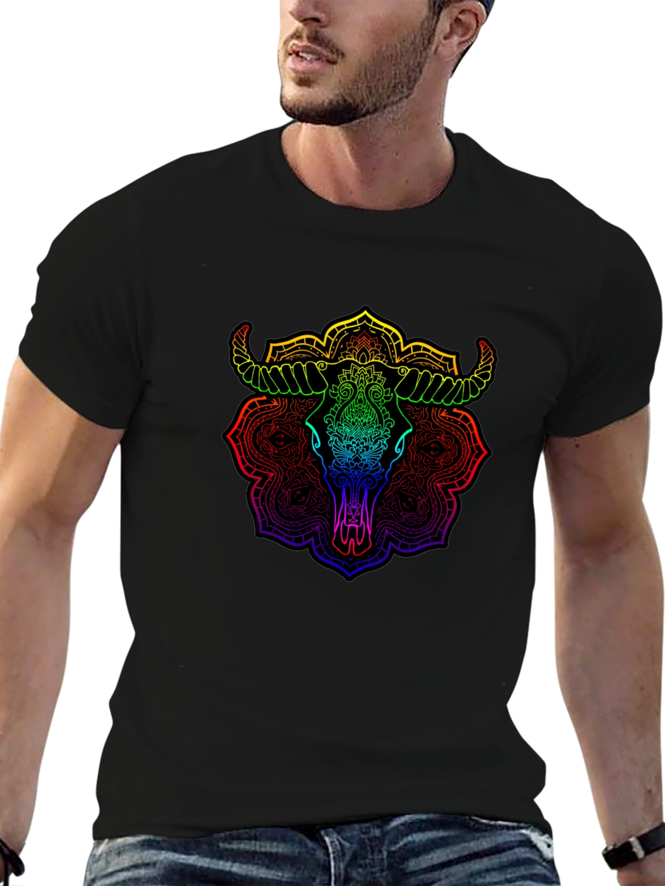 Rainbow Bull Skull Mandala Graphic T-Shirt