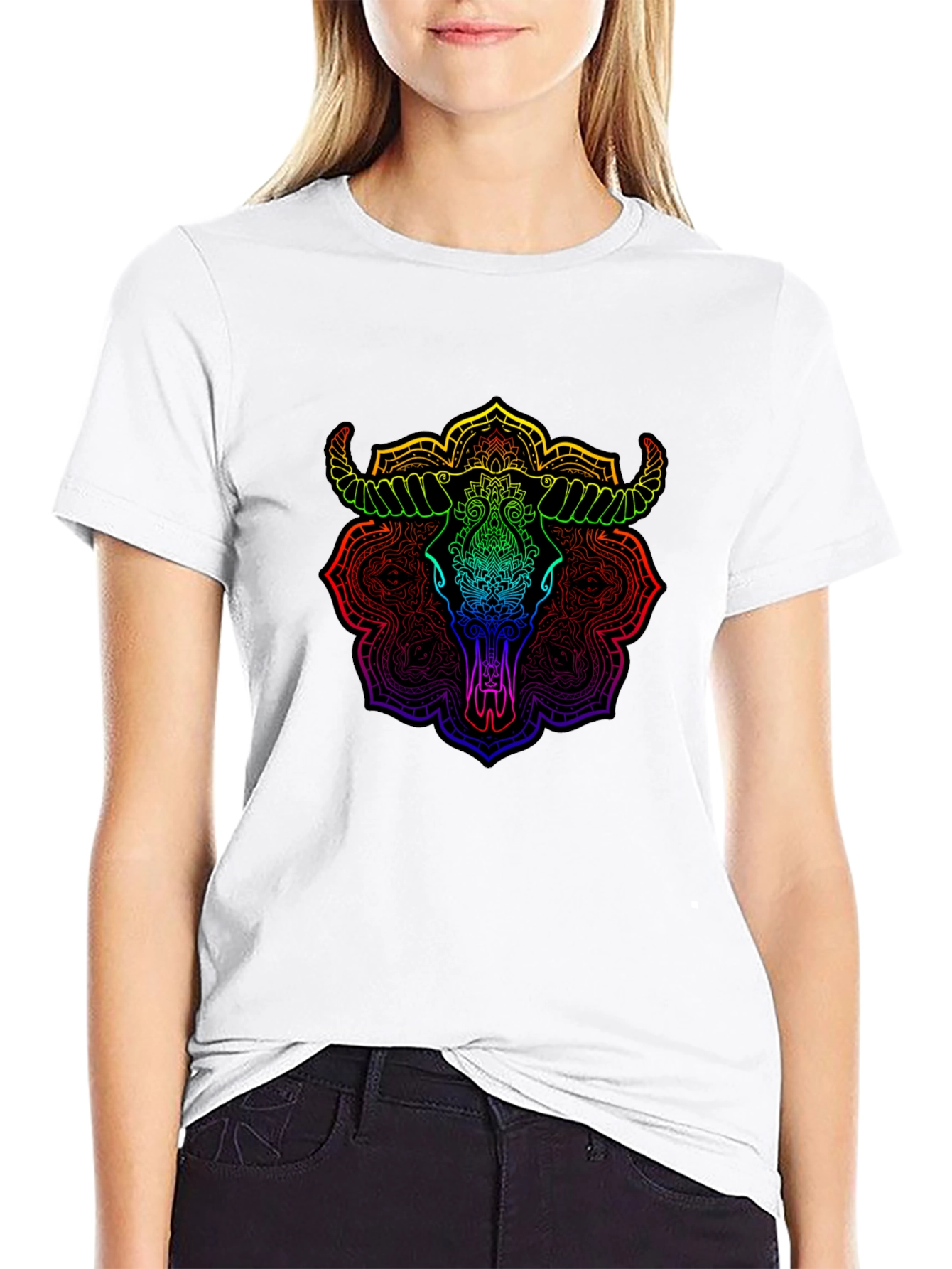 Rainbow Bull Skull Mandala Graphic T-Shirt