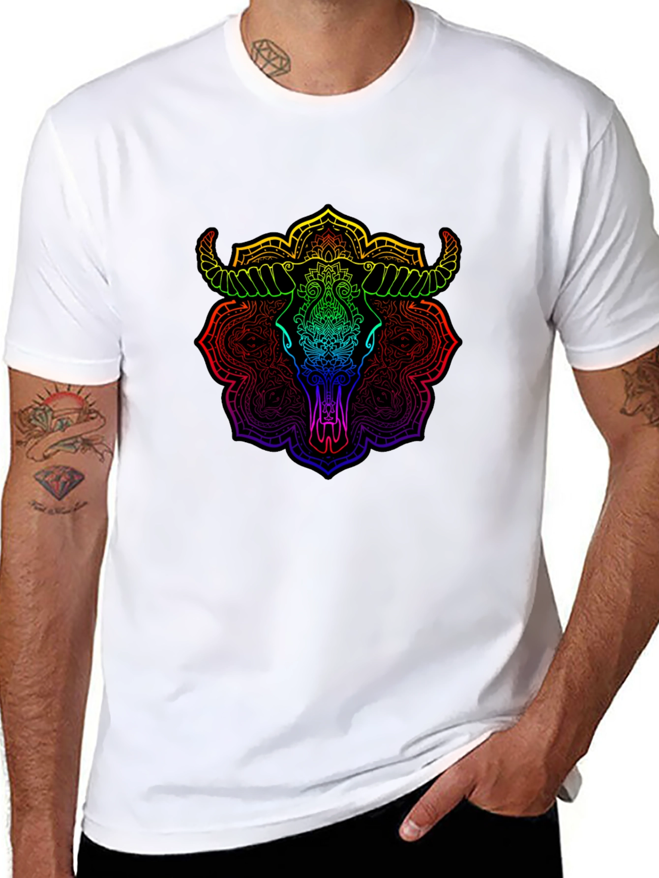 Rainbow Bull Skull Mandala Graphic T-Shirt