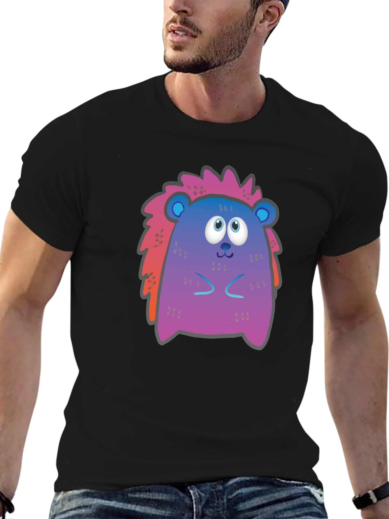 Cute Cartoon Hedgehog Black T-Shirt