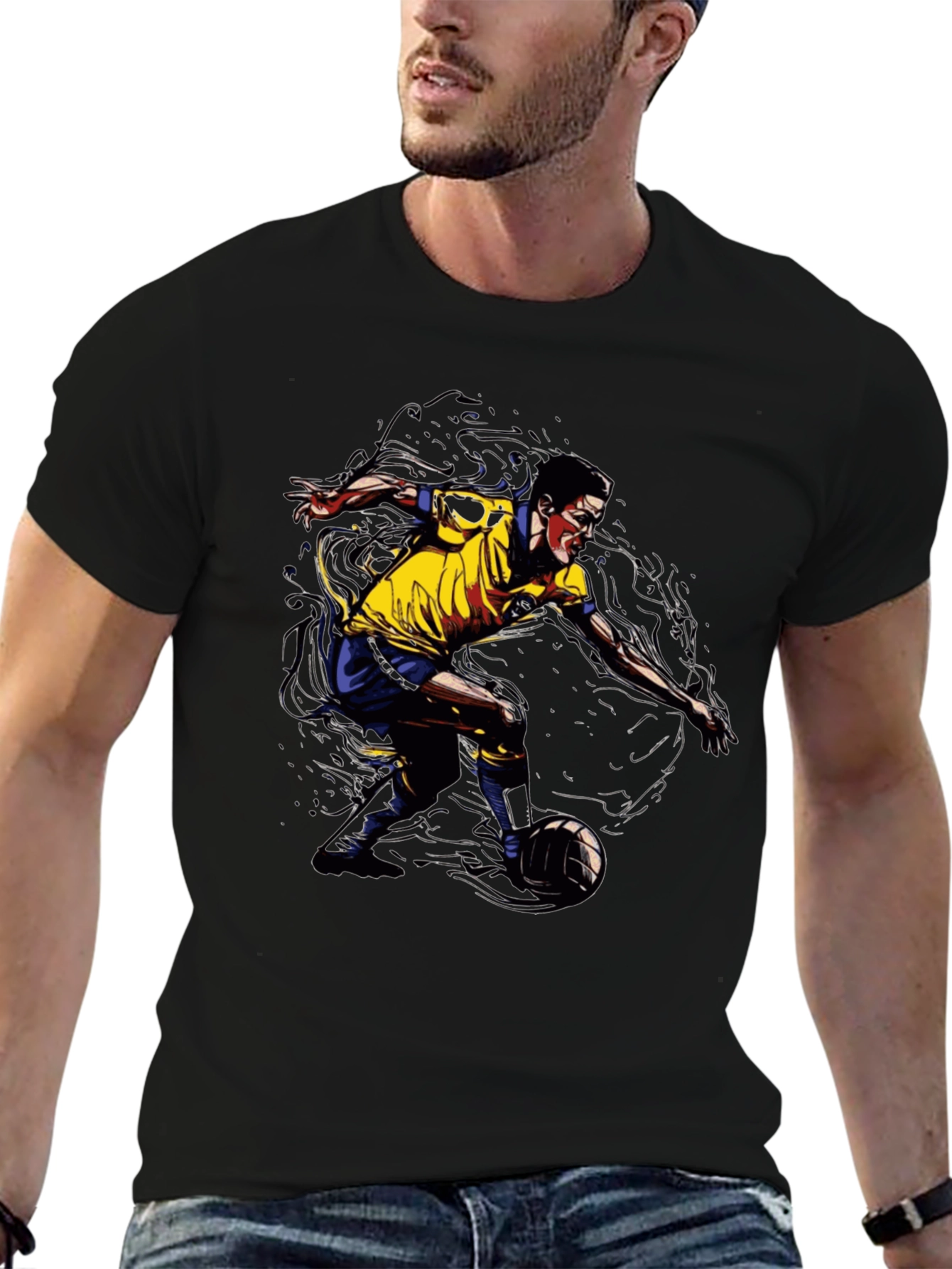 Soccer Player Graphic Tee - Black Cotton T-Shirt